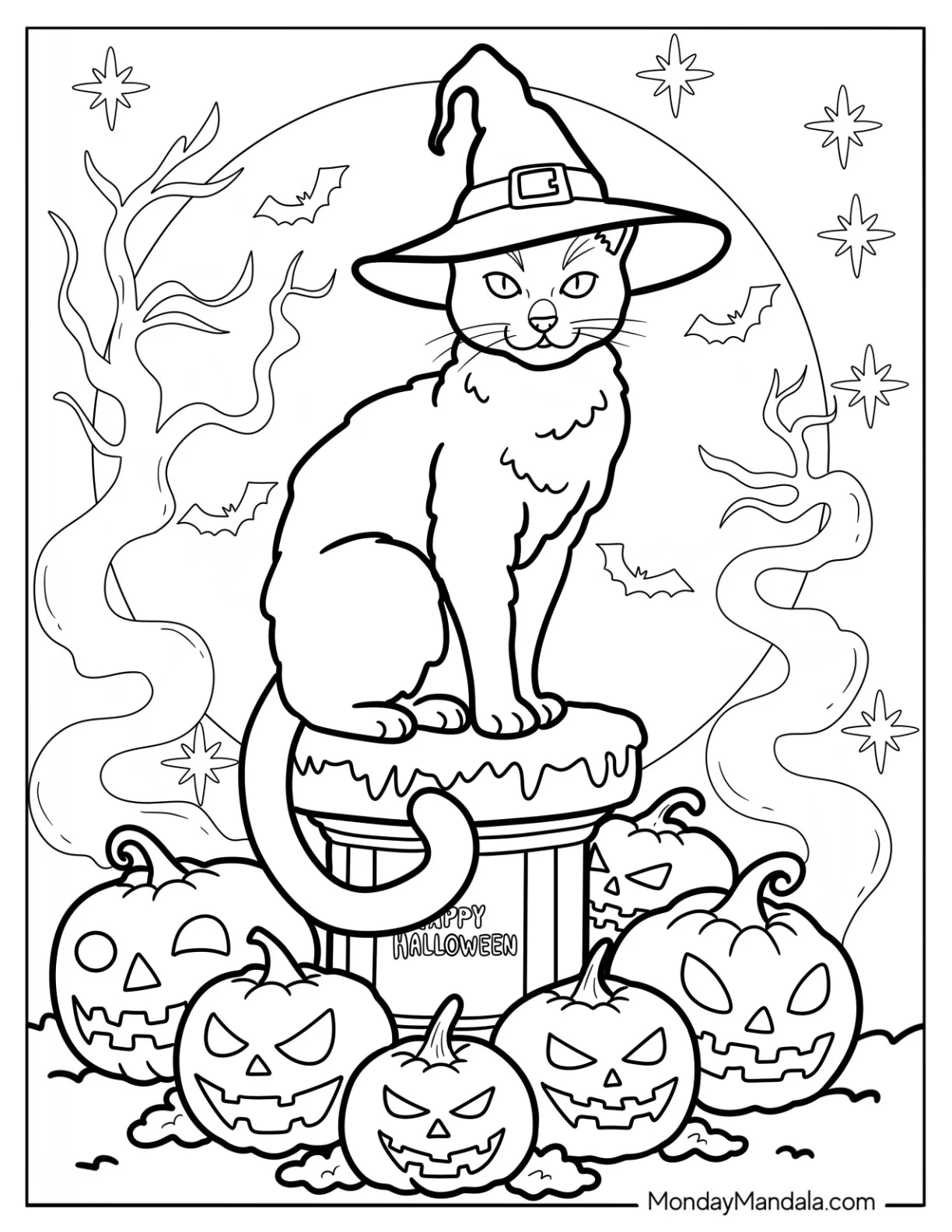 Scary Halloween Cat Coloring Page Surrounded by Jack o Lanterns and Bats coloring page