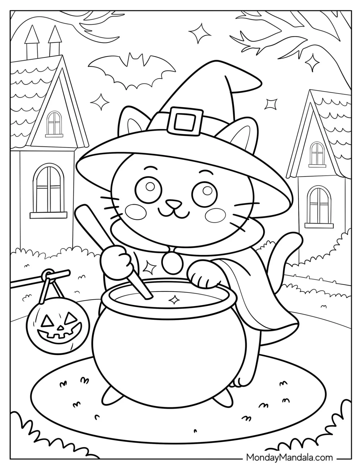 Simple Halloween Cat Coloring Page Stirring Witch Cauldron for Preschoolers coloring page — printable line art