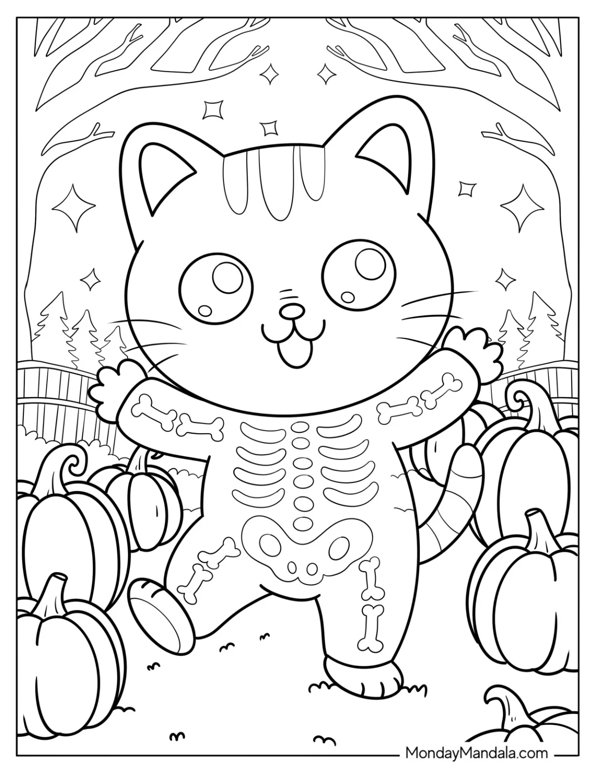 Skeleton Halloween Cat Coloring Page Dancing among Pumpkins for Preschoolers coloring page — printable line art