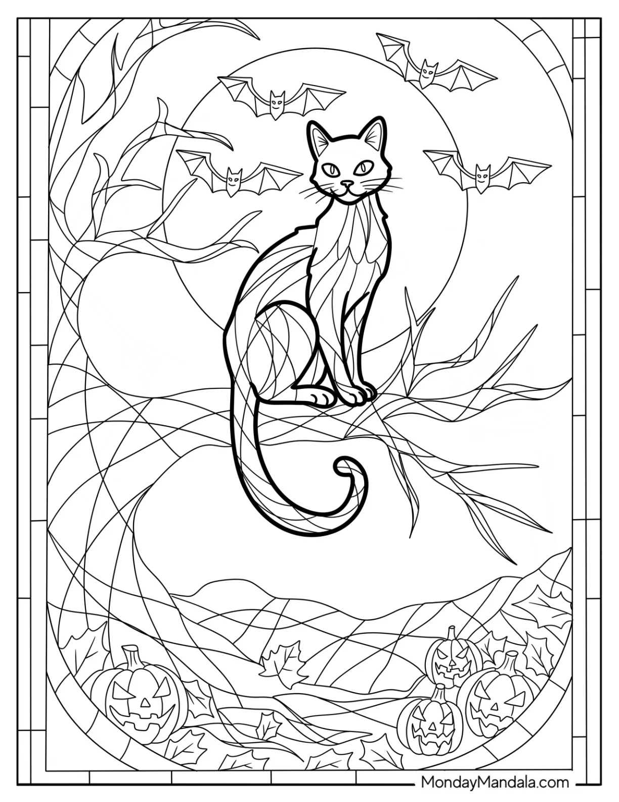 Stained Glass of Halloween Cat Coloring Page Perched on a Tree with Bats and Full Moon in the Sky coloring page