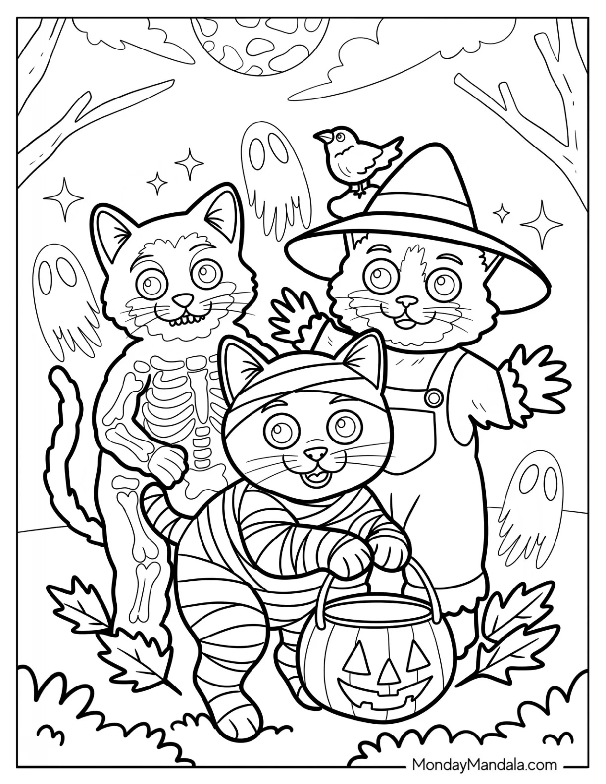Three Halloween Cat Coloring Page in Costumes Trick or Treating coloring page