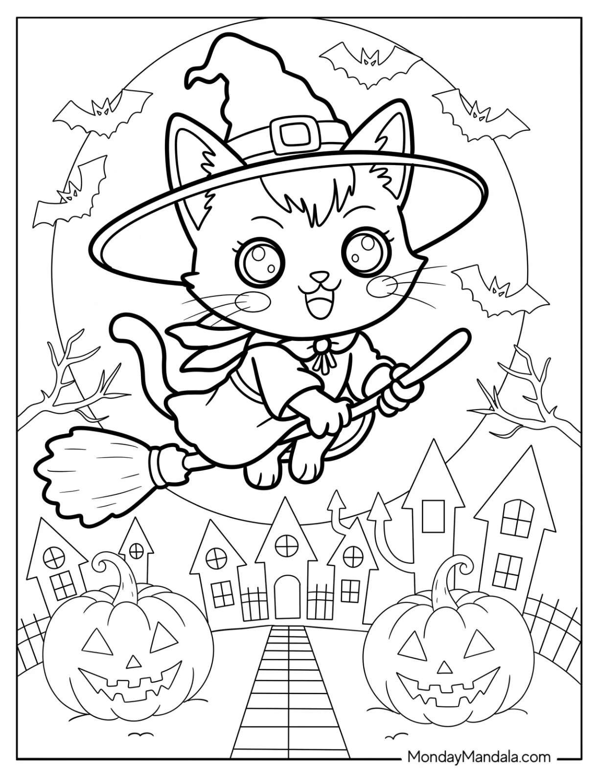 Tiny Halloween Cat Coloring Page in Robe Flying on a Broom over Haunted Town for Kids coloring page