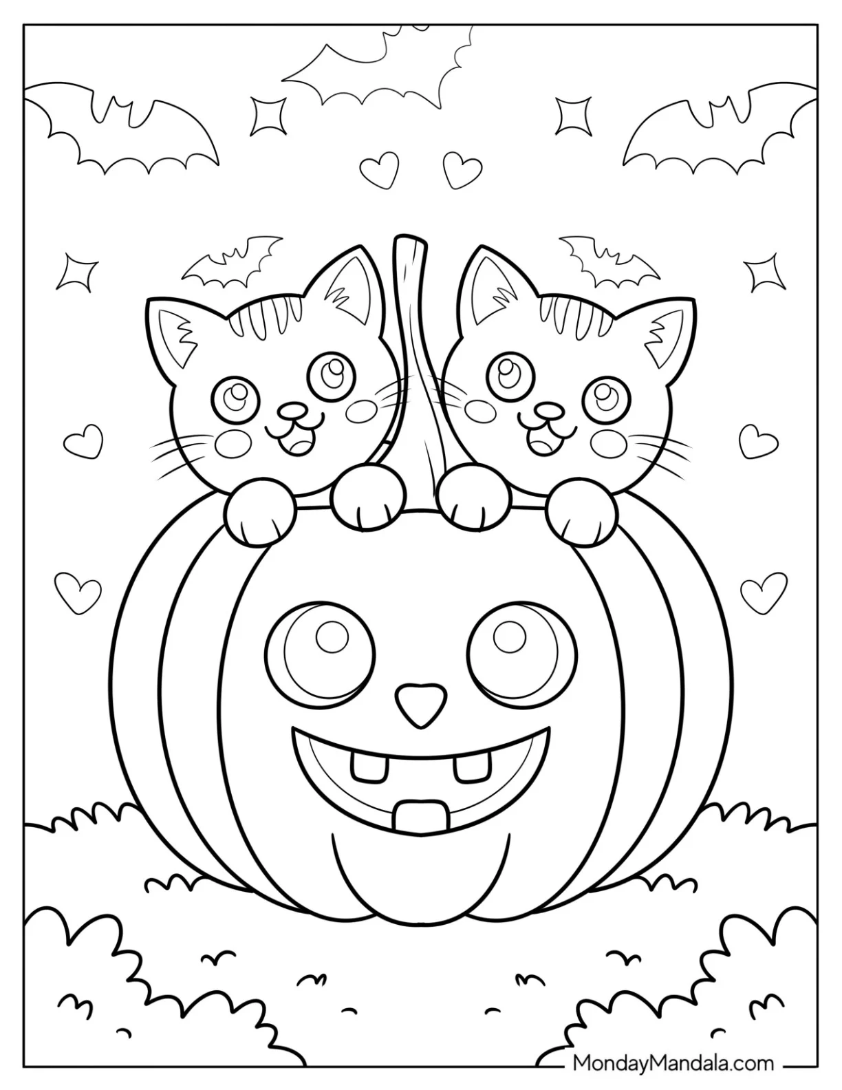 Two Halloween Cat Coloring Page Hiding Behind a Smiling Jack o Lantern for Preschoolers coloring page