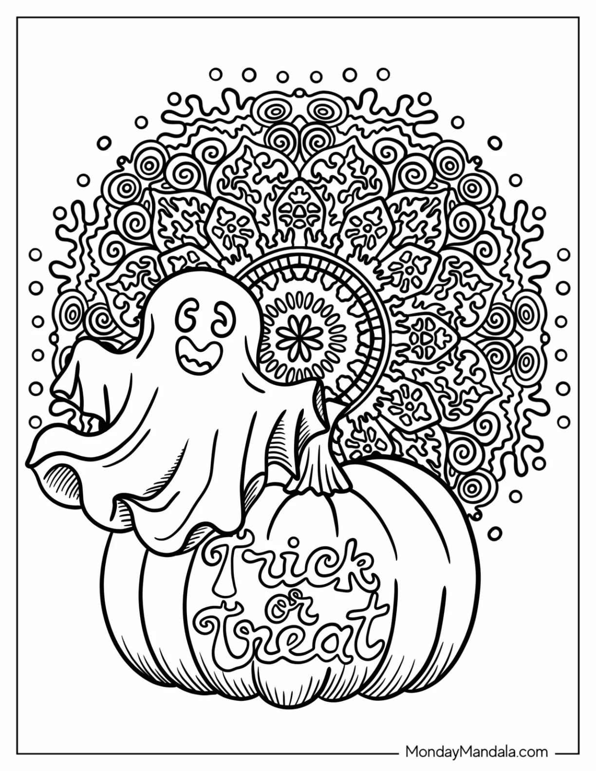 Blanket Ghost Flying Over A Pumpkin Halloween Mandala Coloring Page coloring page