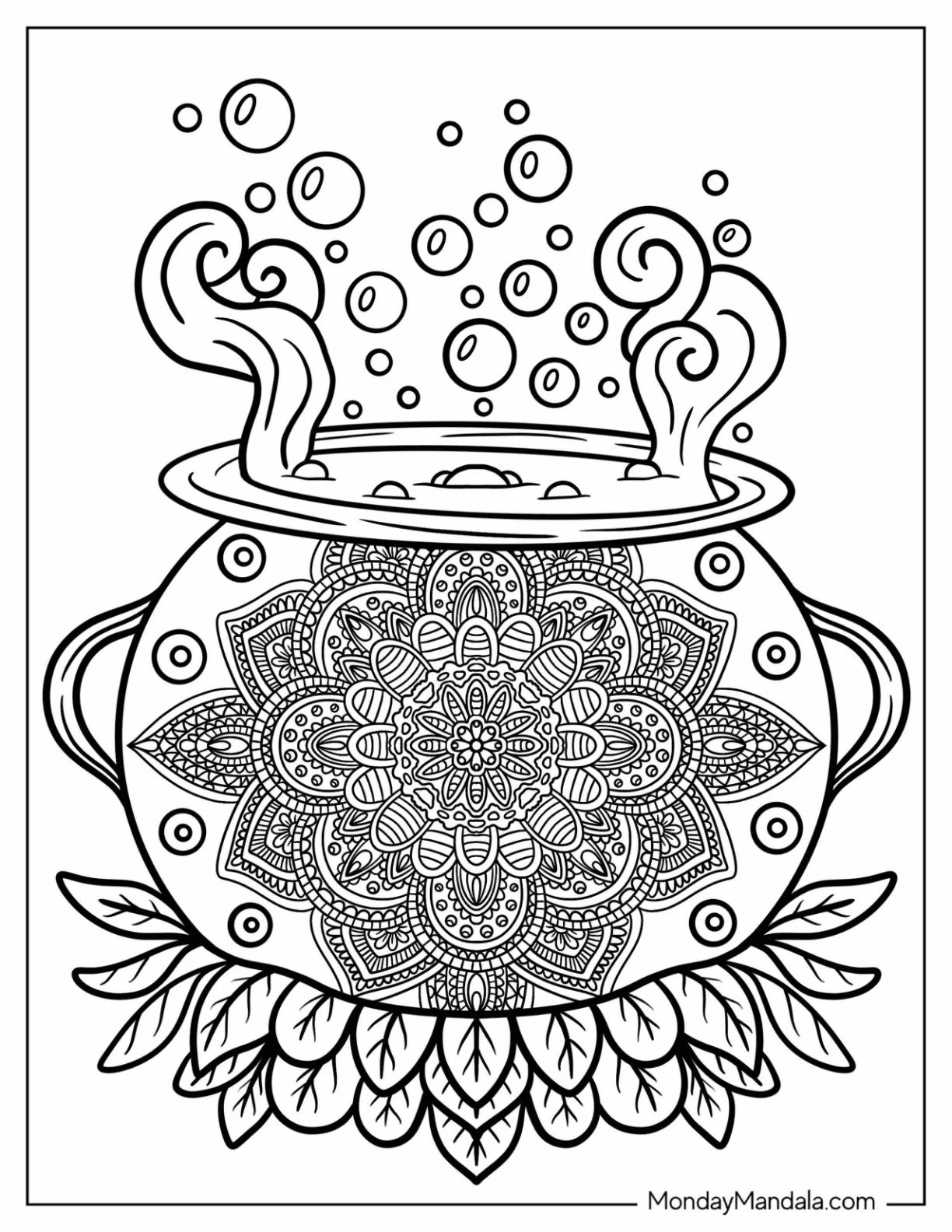 Boiling Cauldron With Halloween Mandala Coloring Page coloring page — printable line art