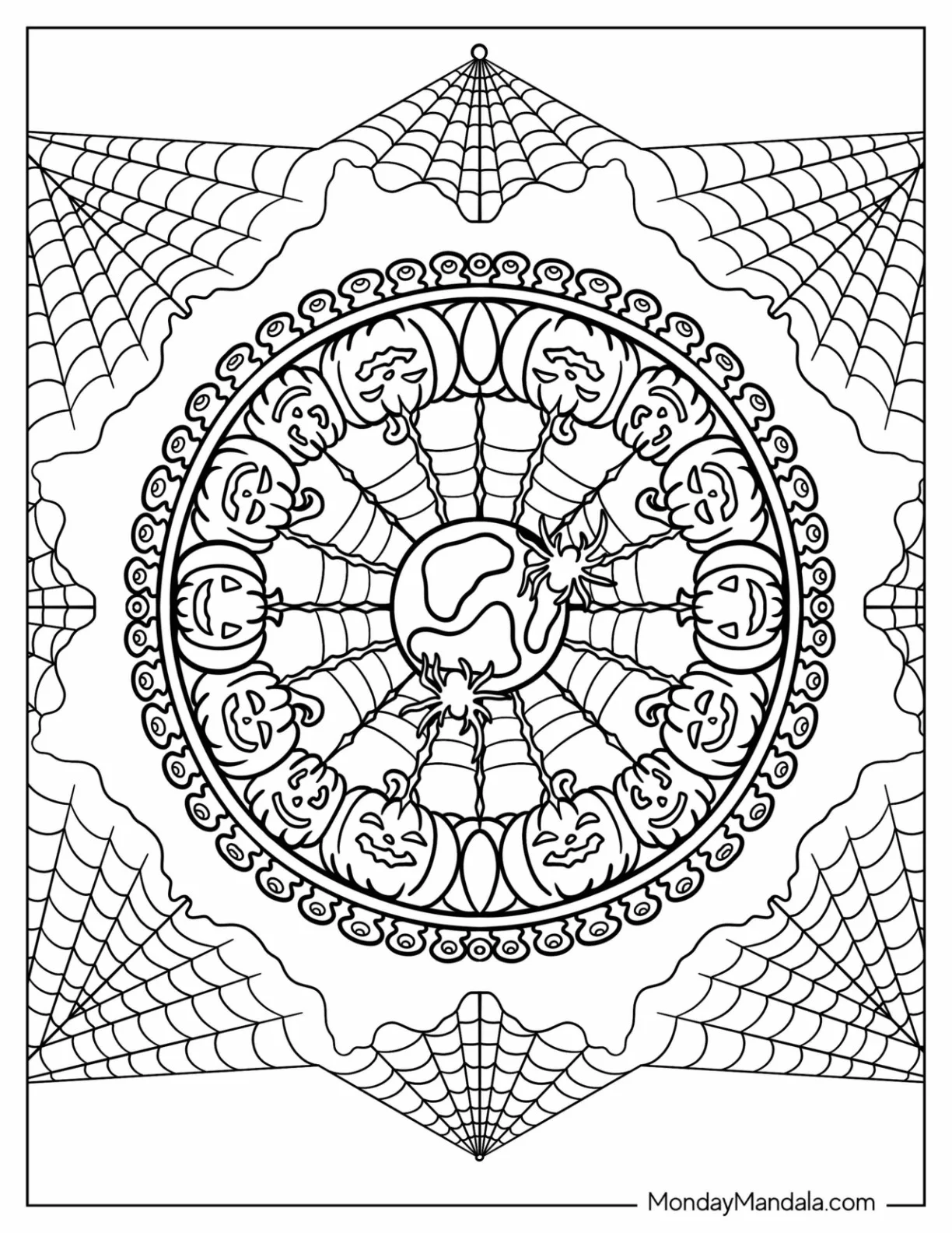 Cobweb With Jack O Lanterns Halloween Mandala Coloring Page coloring page — printable line art