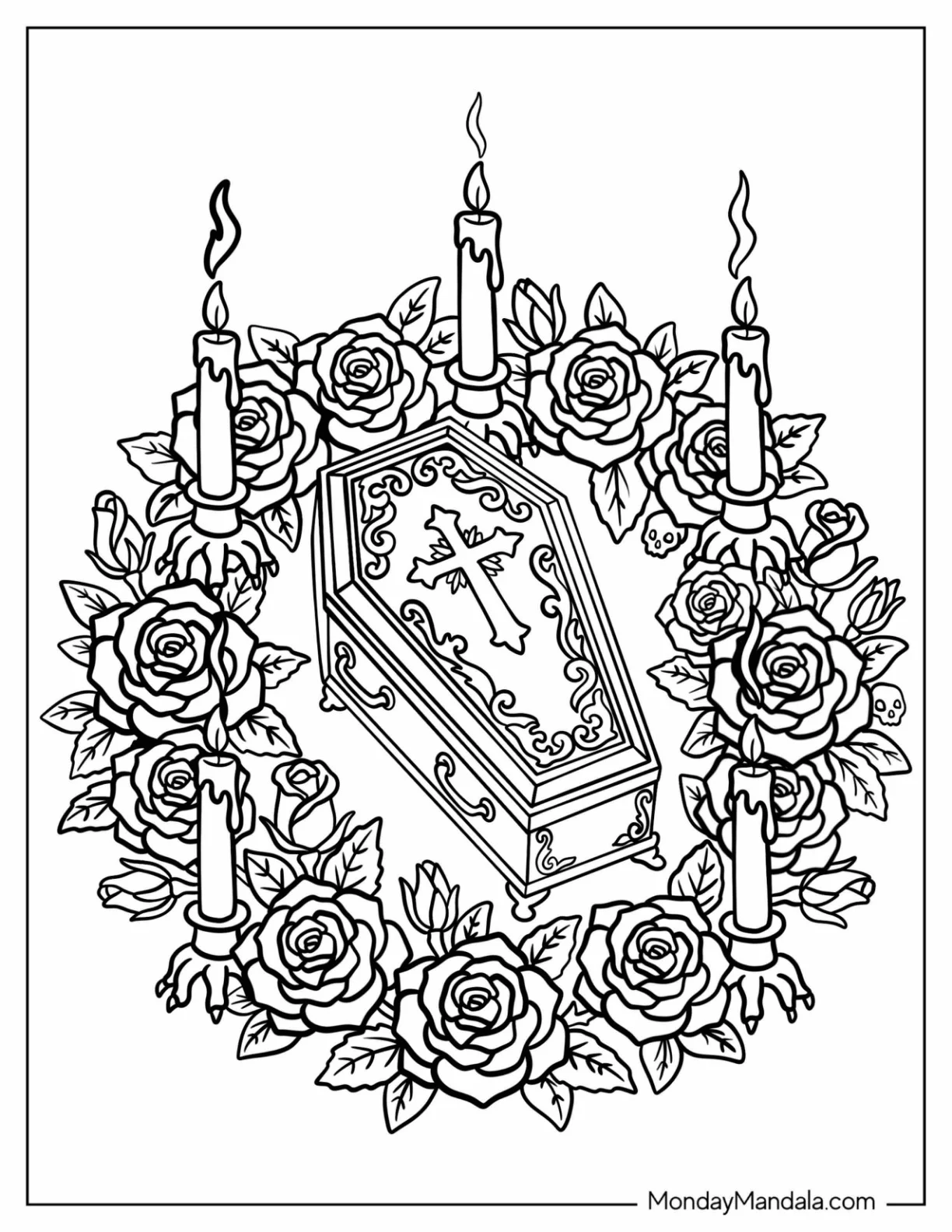 Coffin Inside A Halloween Mandala with Roses and Candles coloring page