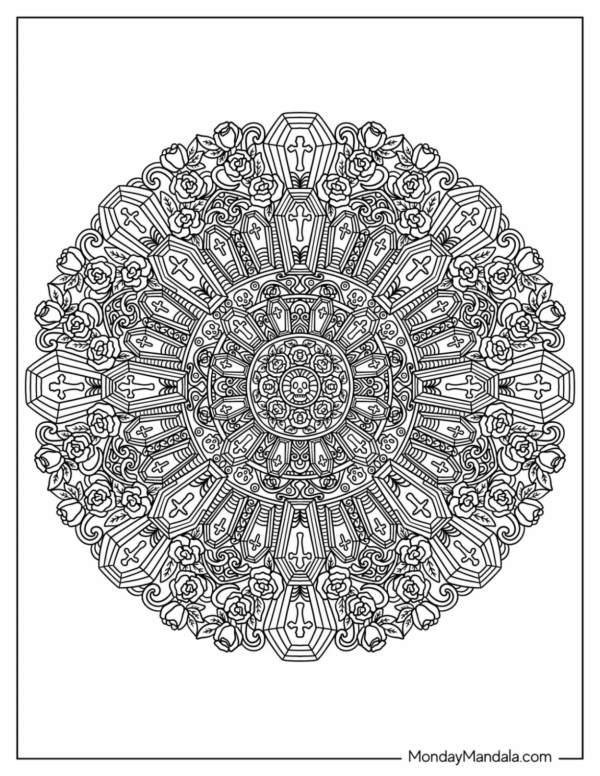 Coffins, Crosses, and Roses Halloween Mandala Coloring Sheet coloring page — printable line art