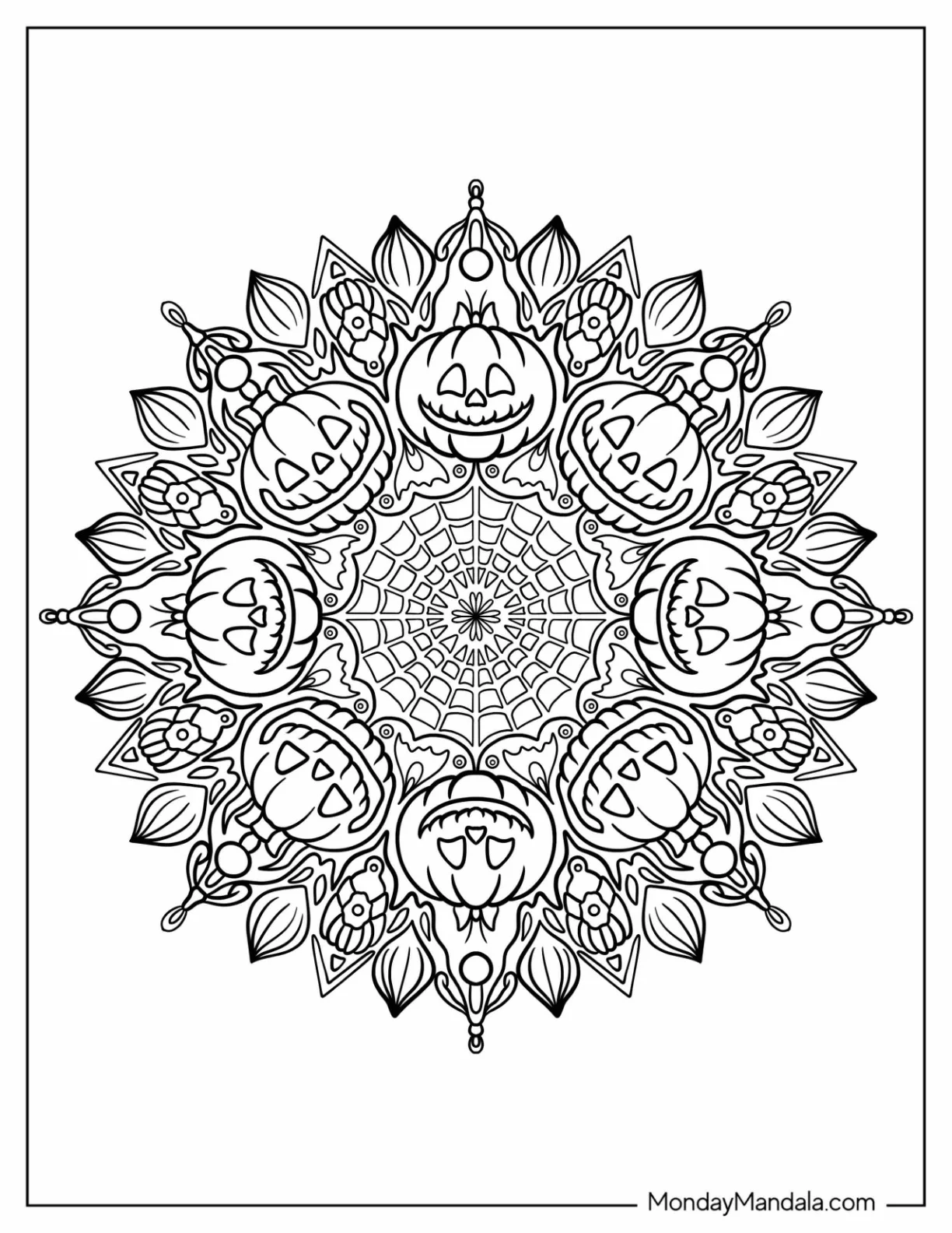 Detailed Jack O Lantern And Cobweb Halloween Mandala Coloring Page coloring page — printable line art