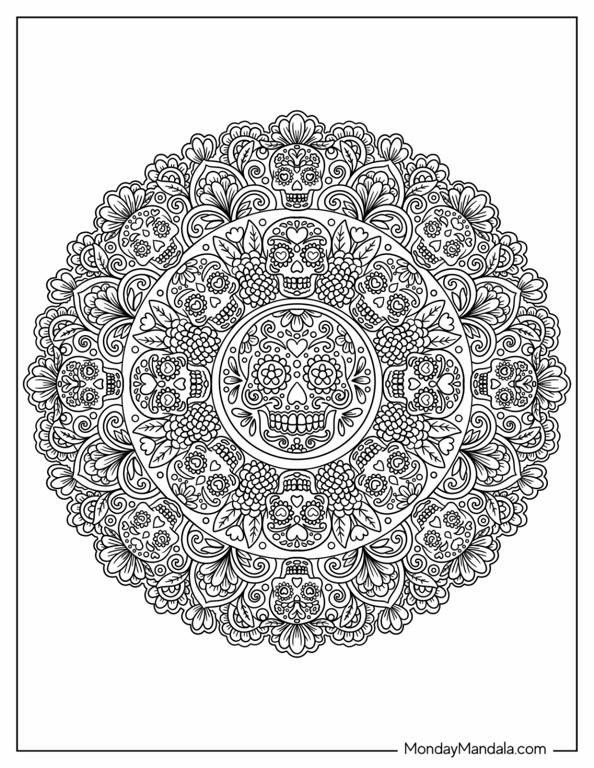 Detailed Sugar Skull Halloween Mandala coloring page — printable line art