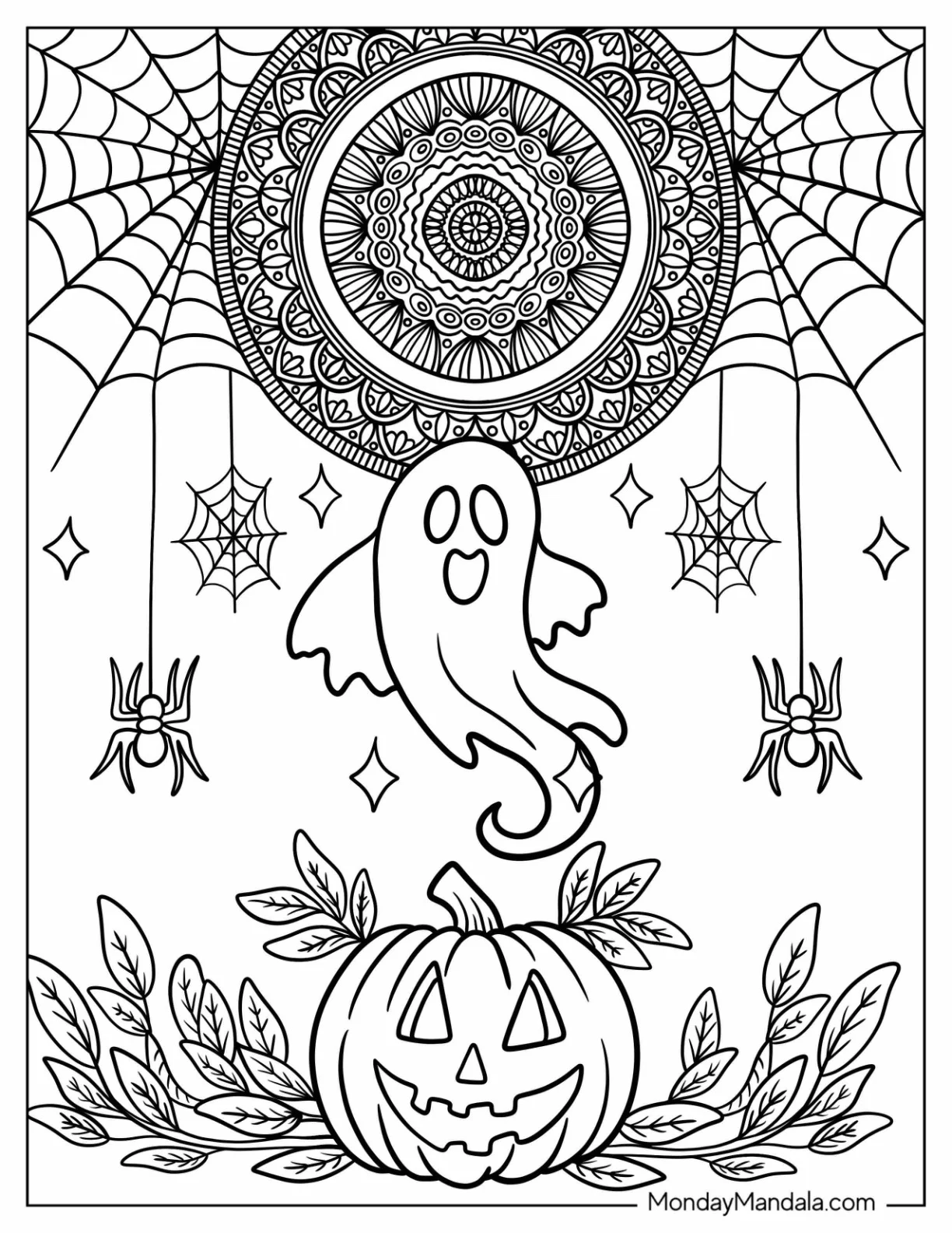 Halloween Mandala Coloring Page Hanging Over A Ghost And Jack O Lantern coloring page — printable line art