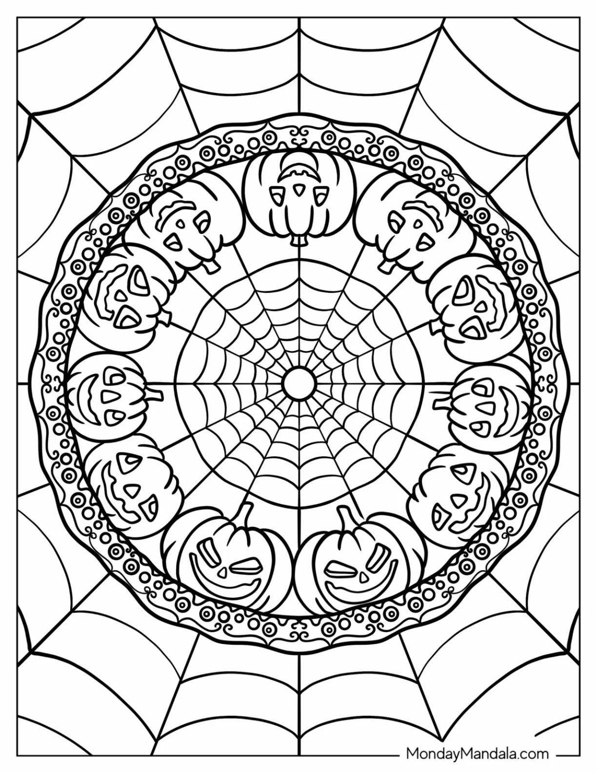 Halloween Mandala Coloring Page Of Easy Spider's Web And Jack O Lantern Mandala For Kids coloring page