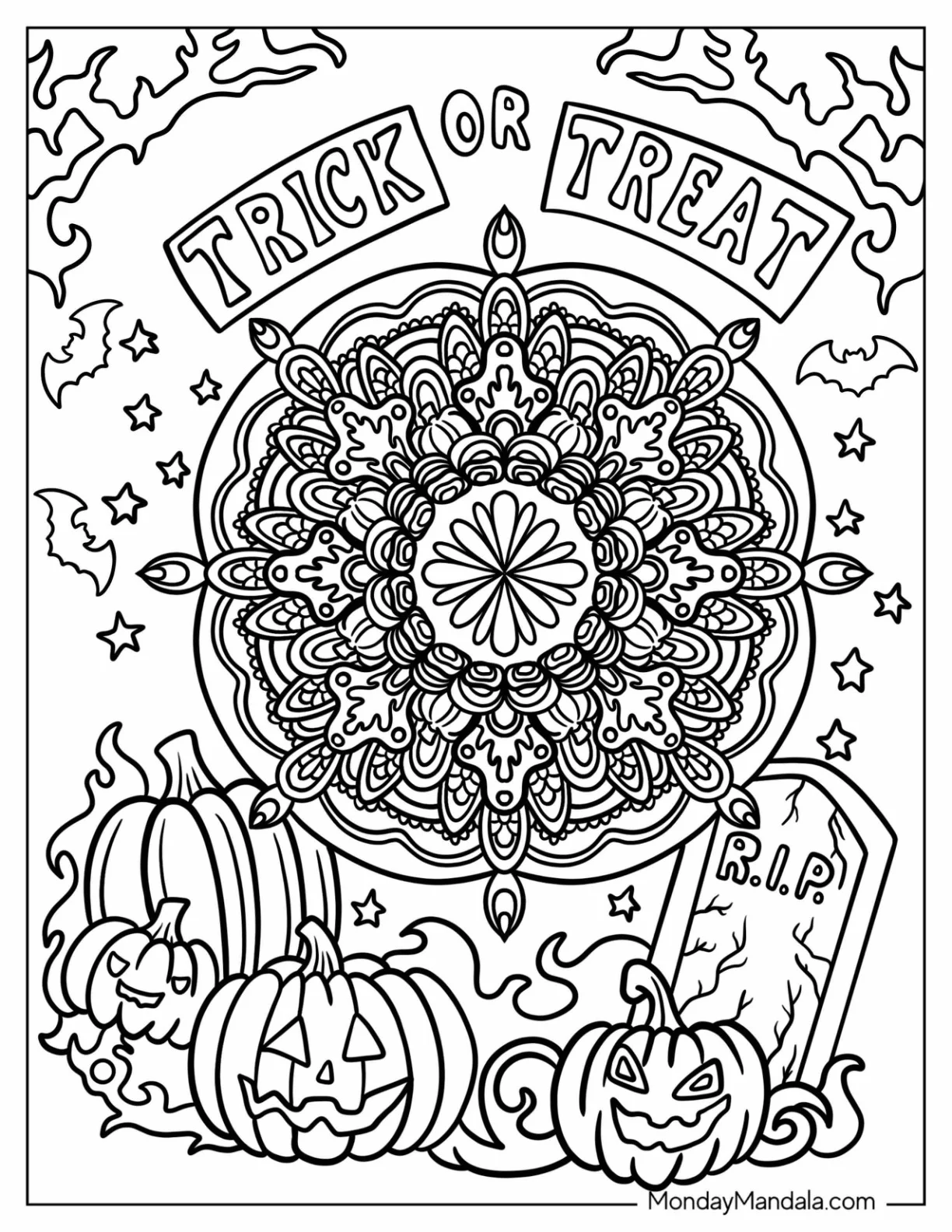 Halloween Mandala Coloring Page With Bats In the Background coloring page — printable line art