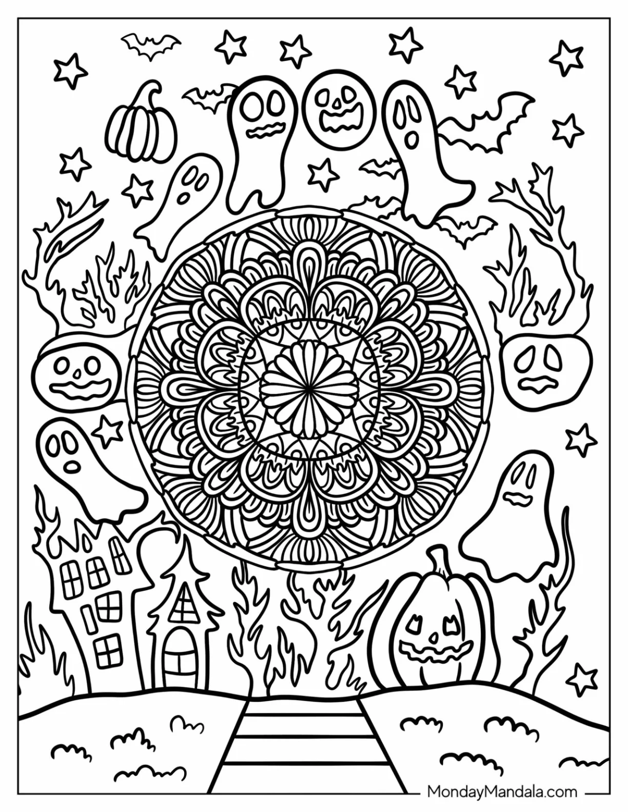 Haunted House, Ghosts, And Pumpkins Halloween Mandala Coloring Page coloring page