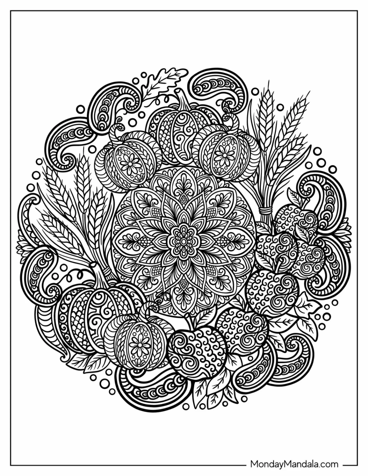 Intricate Autumn Pumpkin and Wheat Halloween Mandala Coloring Page coloring page