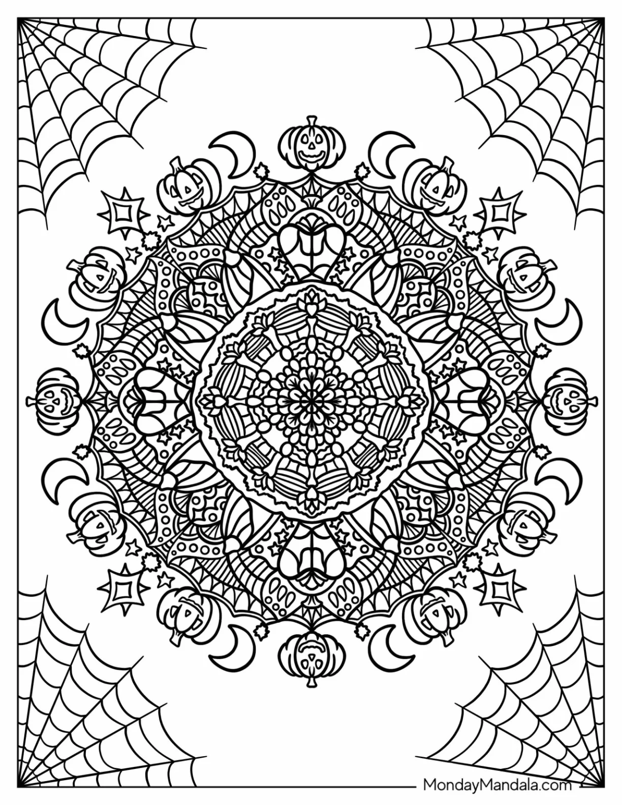 Intricate Crescent Moon And Jack O Lantern Halloween Mandala Coloring Page coloring page