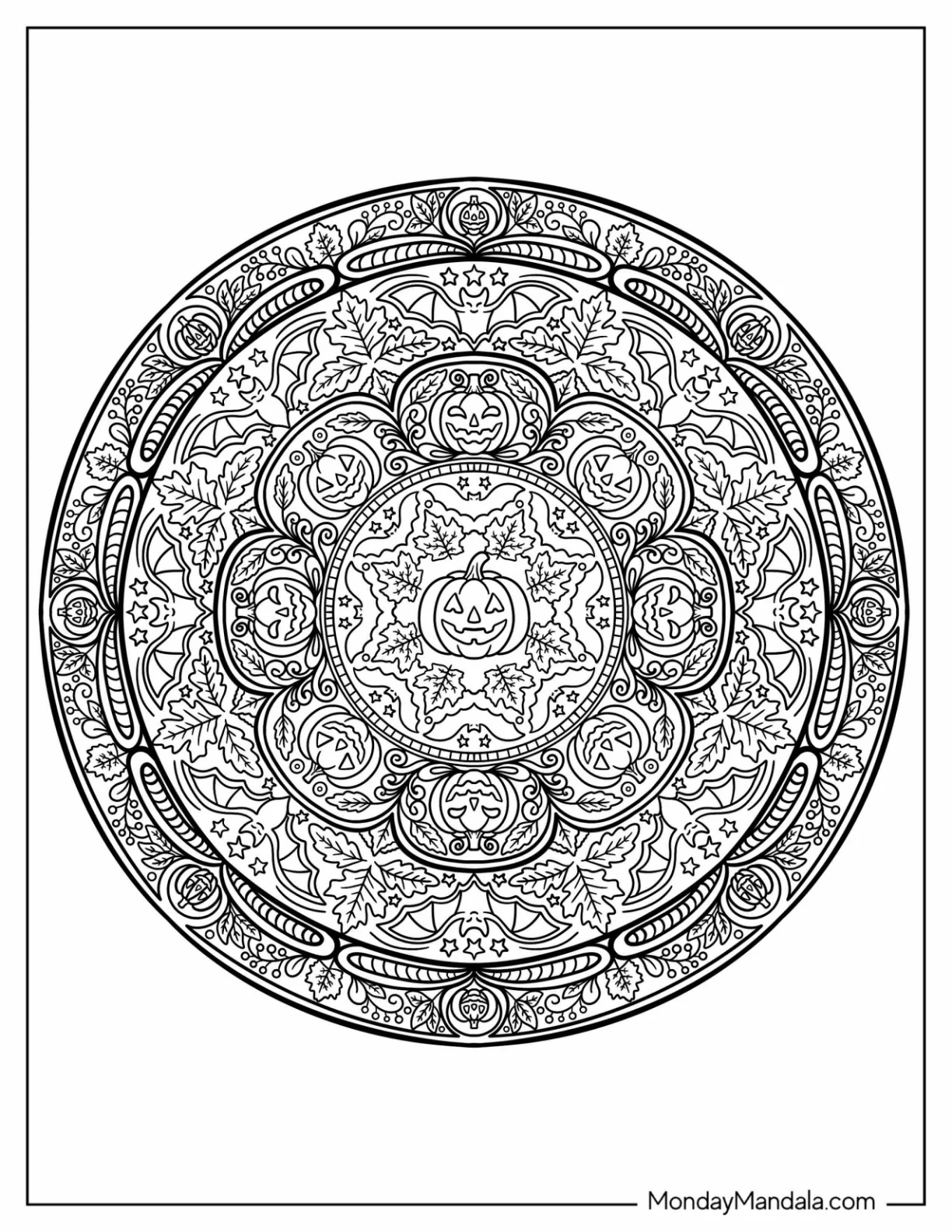 Jack O’ Lantern and Autumn Leaves Halloween Mandala Coloring Page coloring page
