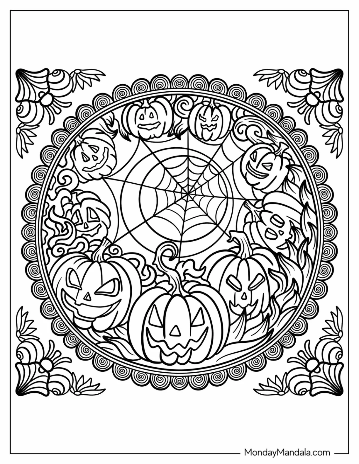 Jack O Lantern And Cobwebs Halloween Mandala Coloring Page coloring page