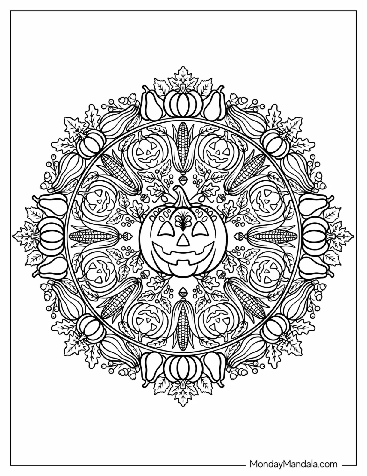 Jack O’ Lantern and Harvest Vegetables Halloween Mandala Coloring Page coloring page — printable line art