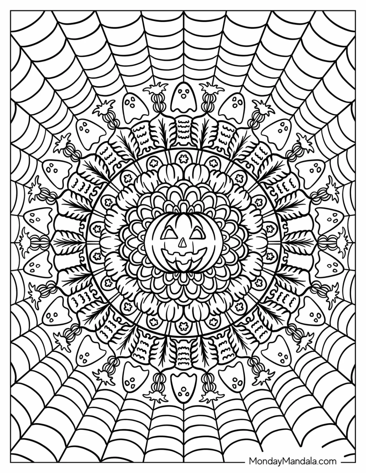 Jack O Lantern At The Center Of A Halloween Mandala Coloring Page coloring page