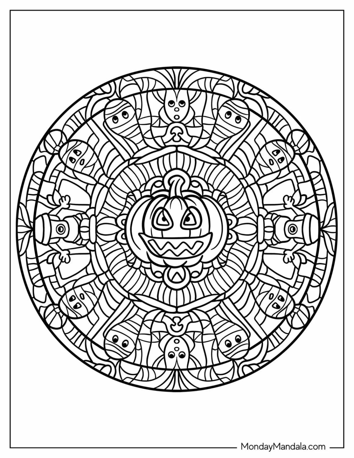 Jack O Lanterns And MummiesHalloween Mandala Coloring Page For Kids coloring page