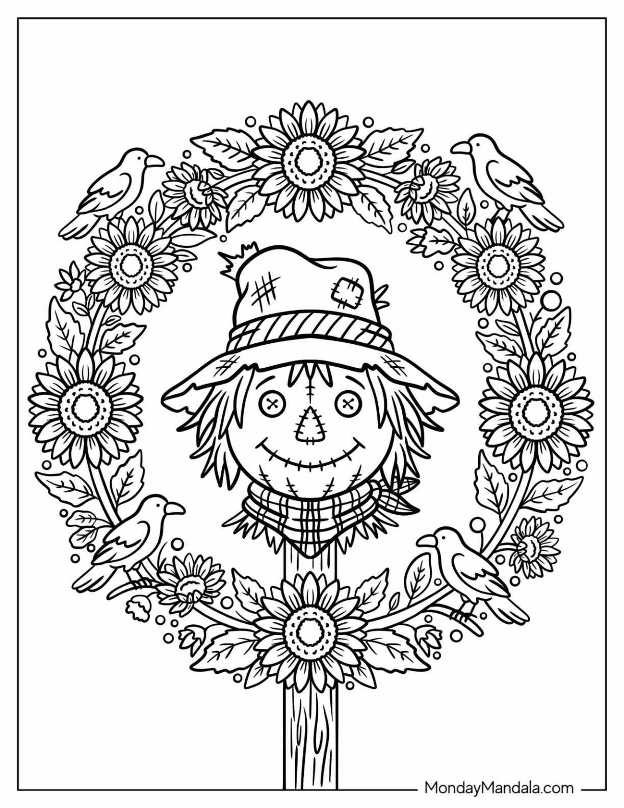 Kawaii Scarecrow in Flower and Birds Halloween Mandala Coloring Page for Kids coloring page