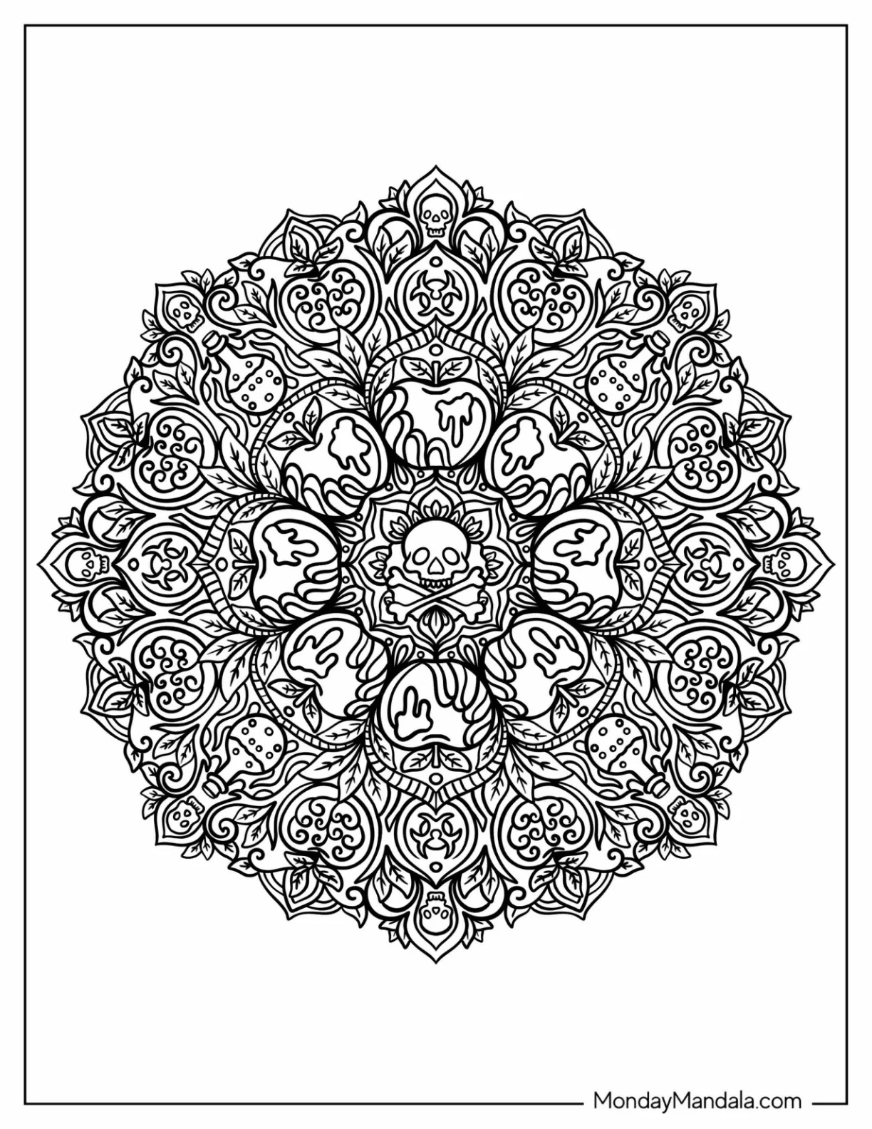 Skulls, Ghosts, and Potion Bottles Halloween Mandala Coloring Sheet coloring page