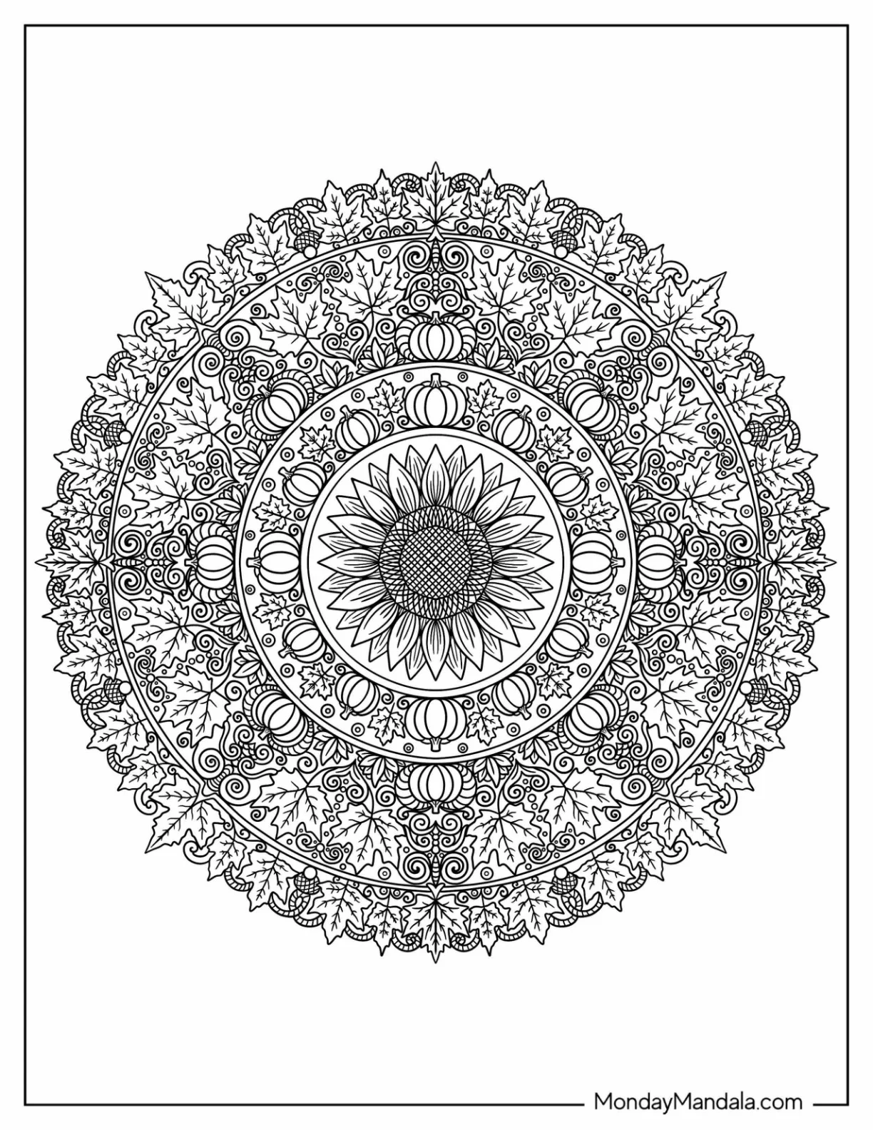 Sunflower and Pumpkin Halloween Mandala Coloring Page coloring page — printable line art