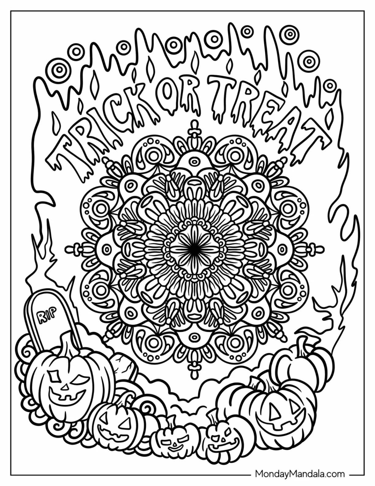 Trick or Treat Halloween Mandala Coloring Page With Jack O Lanterns And Tombstones coloring page