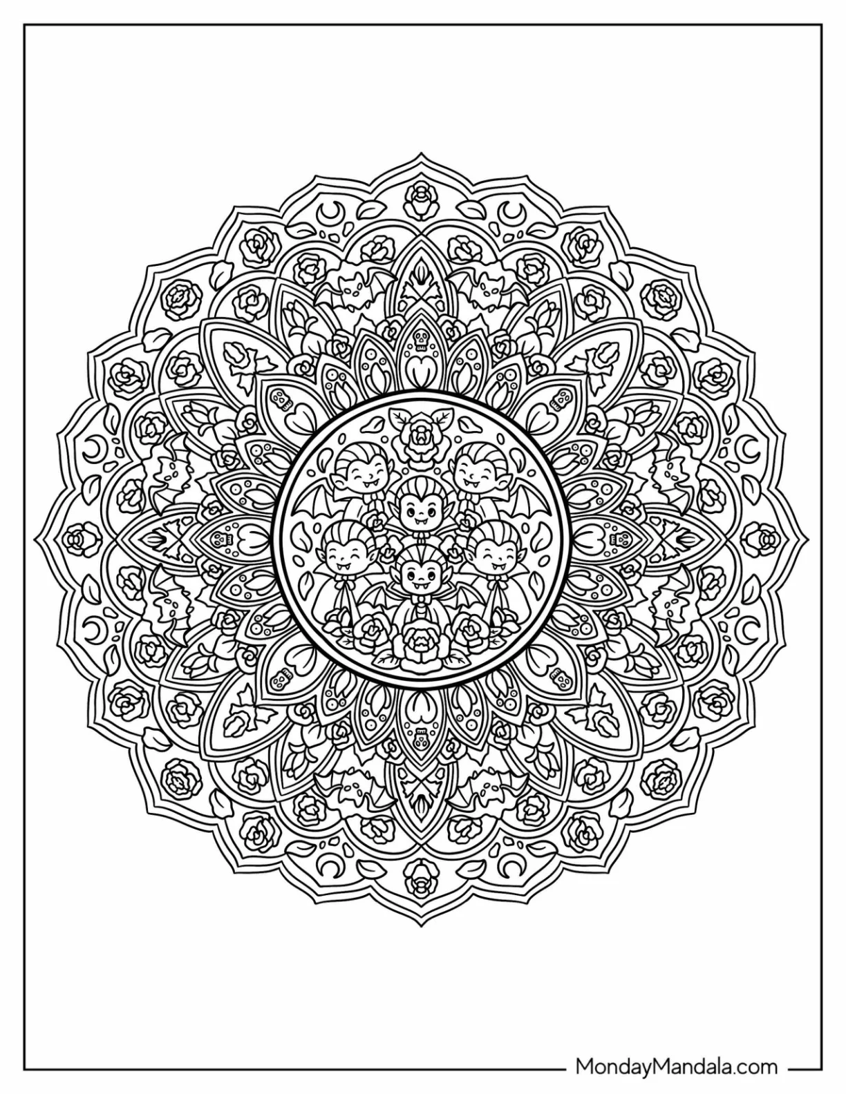 Vampires, Bats, and Roses Halloween Mandala coloring page