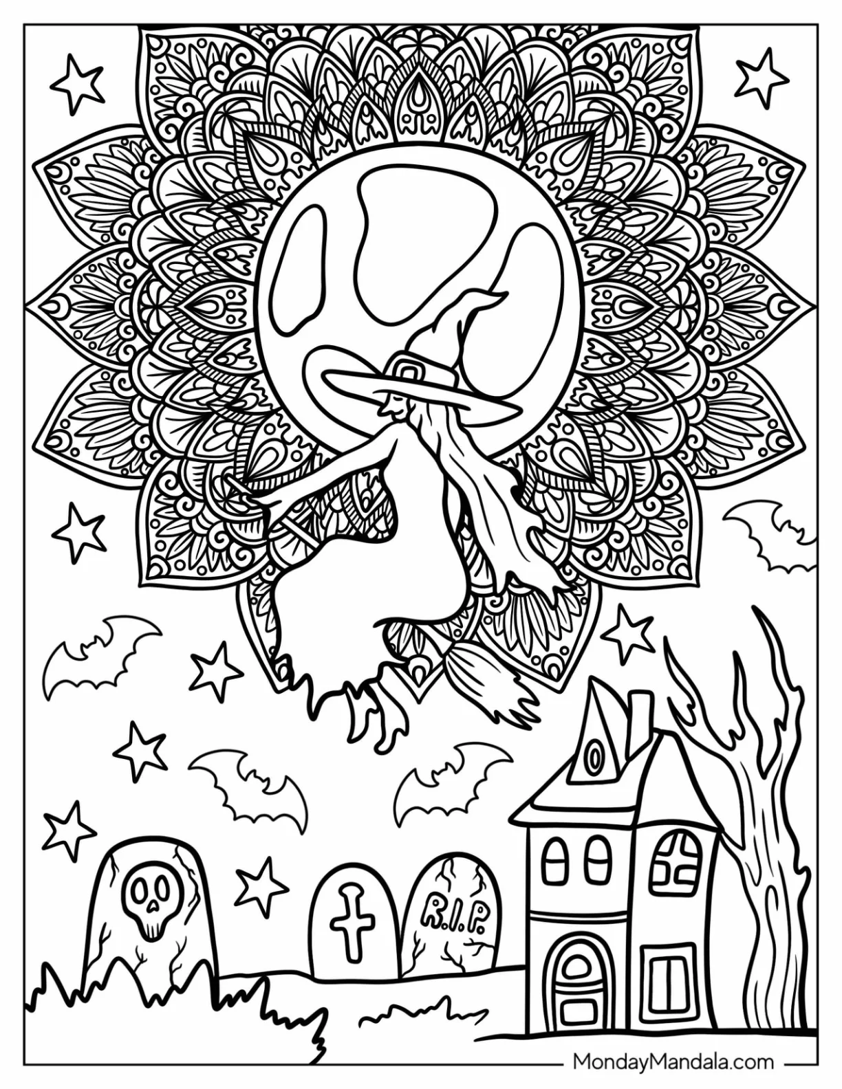 Witch Flying Over A Cemetery Halloween Mandala Coloring Page coloring page