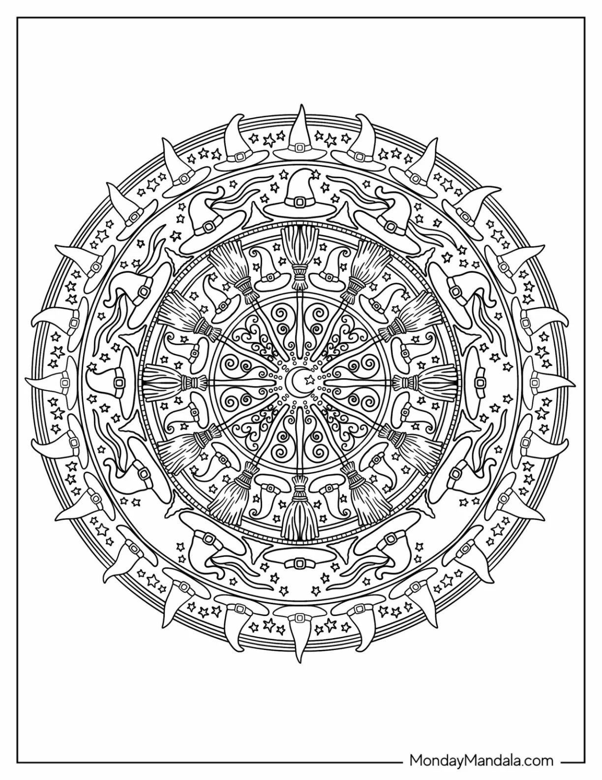 Witch Hats, Cats, and Brooms Halloween Mandala Coloring Sheet coloring page