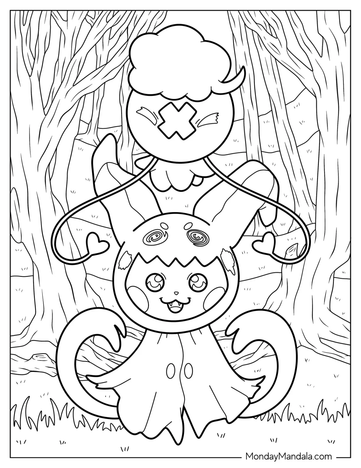 Halloween Pokemon Coloring Page Drifloon Hovering Above Pikachu In Mimikyu Costume coloring page