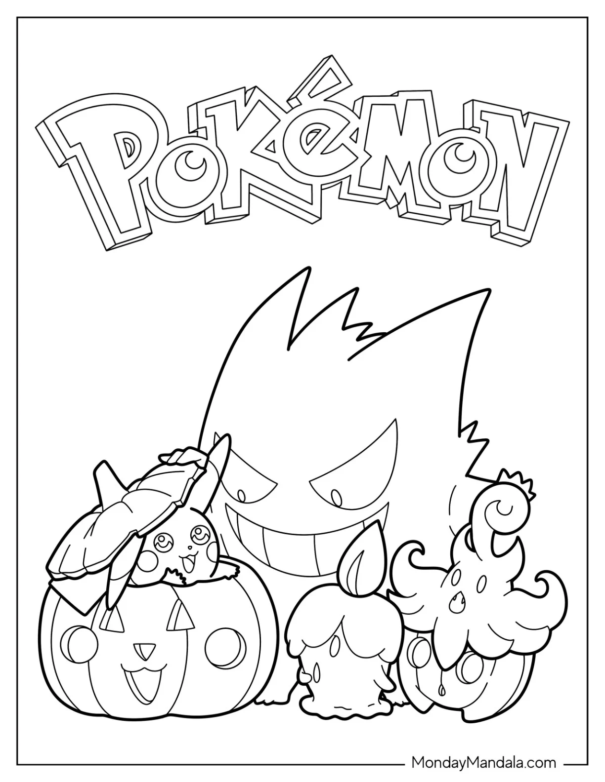 Halloween Pokemon Coloring Page Gengar Playing With Pikachu, Litwick, And Pumpkaboo For Kids coloring page