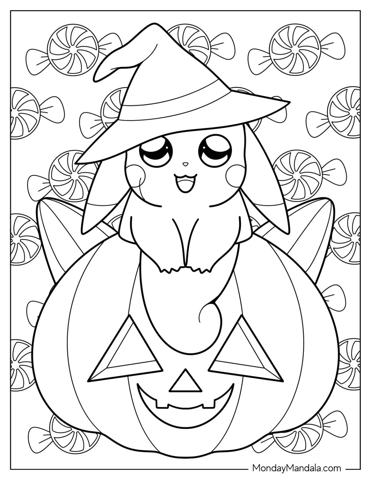 Halloween Pokemon Coloring Page Kawaii Pikachu In Witch s Hat Sitting On A Jack O Lantern coloring page