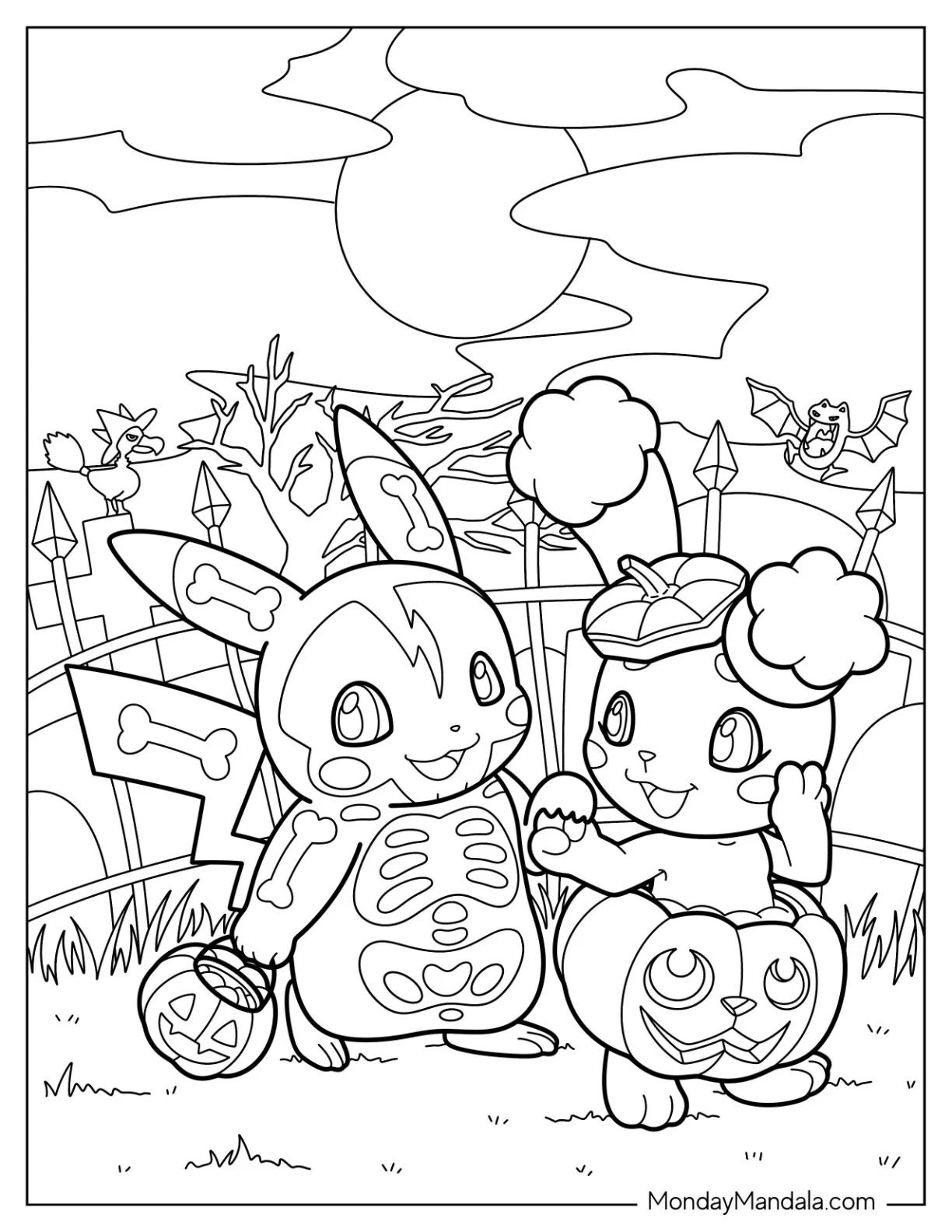 Halloween Pokemon Coloring Page Pikachu Andd Buneary In Halloween Costumes Trick Or Treating For Kids coloring page