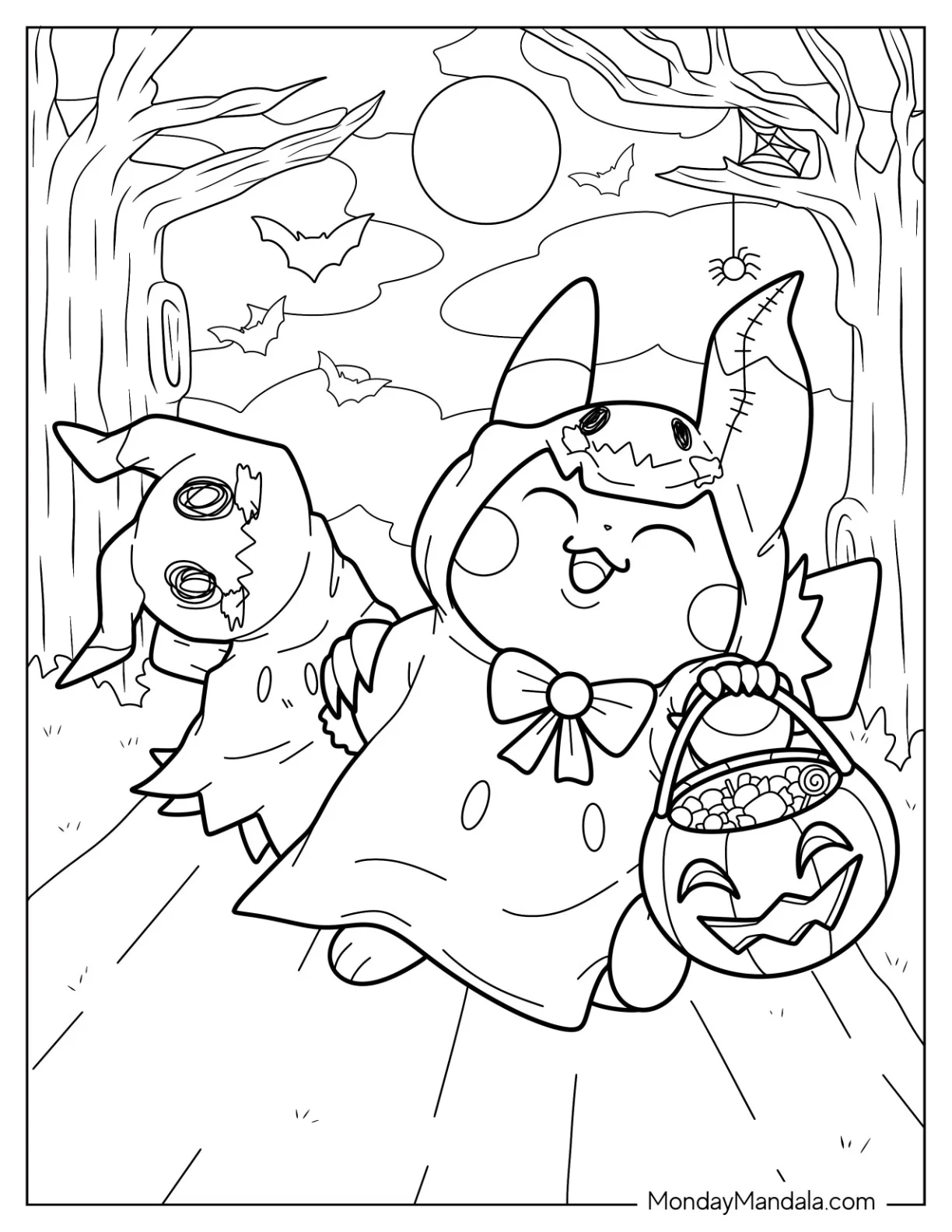 Halloween Pokemon Coloring Page Pikachu Trick Or Treating With Mimikyu coloring page