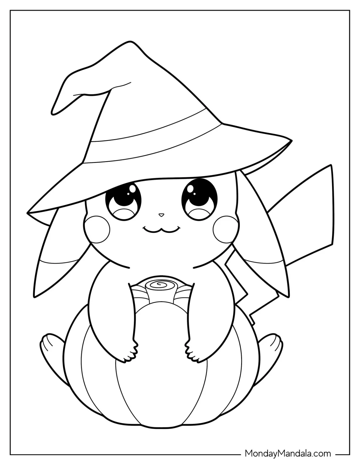 Halloween Pokemon Coloring Page Simple Witch Pikachu Hugging A Pumpkin For Preschoolers coloring page