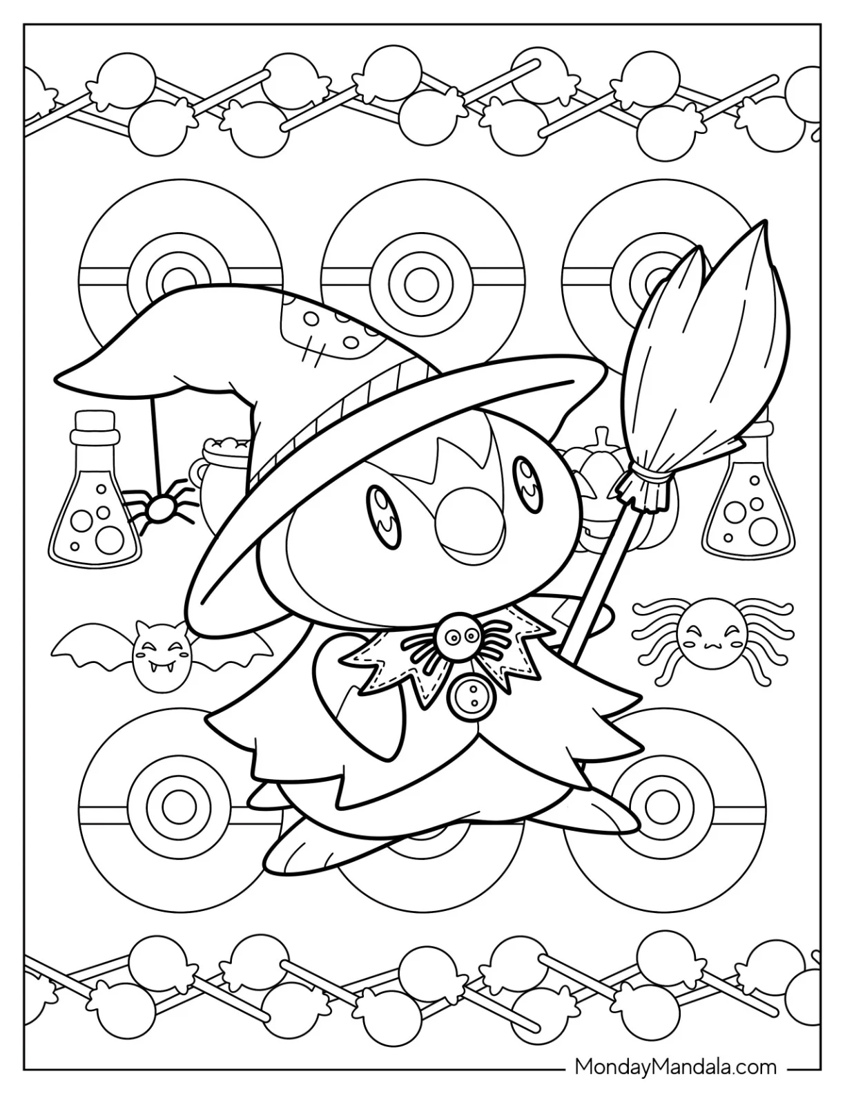 Witch Piplup Holding A Broom Halloween Pokemon Coloring Page coloring page