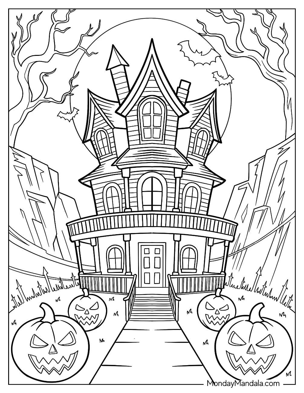 Classic Haunted House Coloring Page with Jack O Lanterns, Dead Trees, and Bats coloring page — printable line art