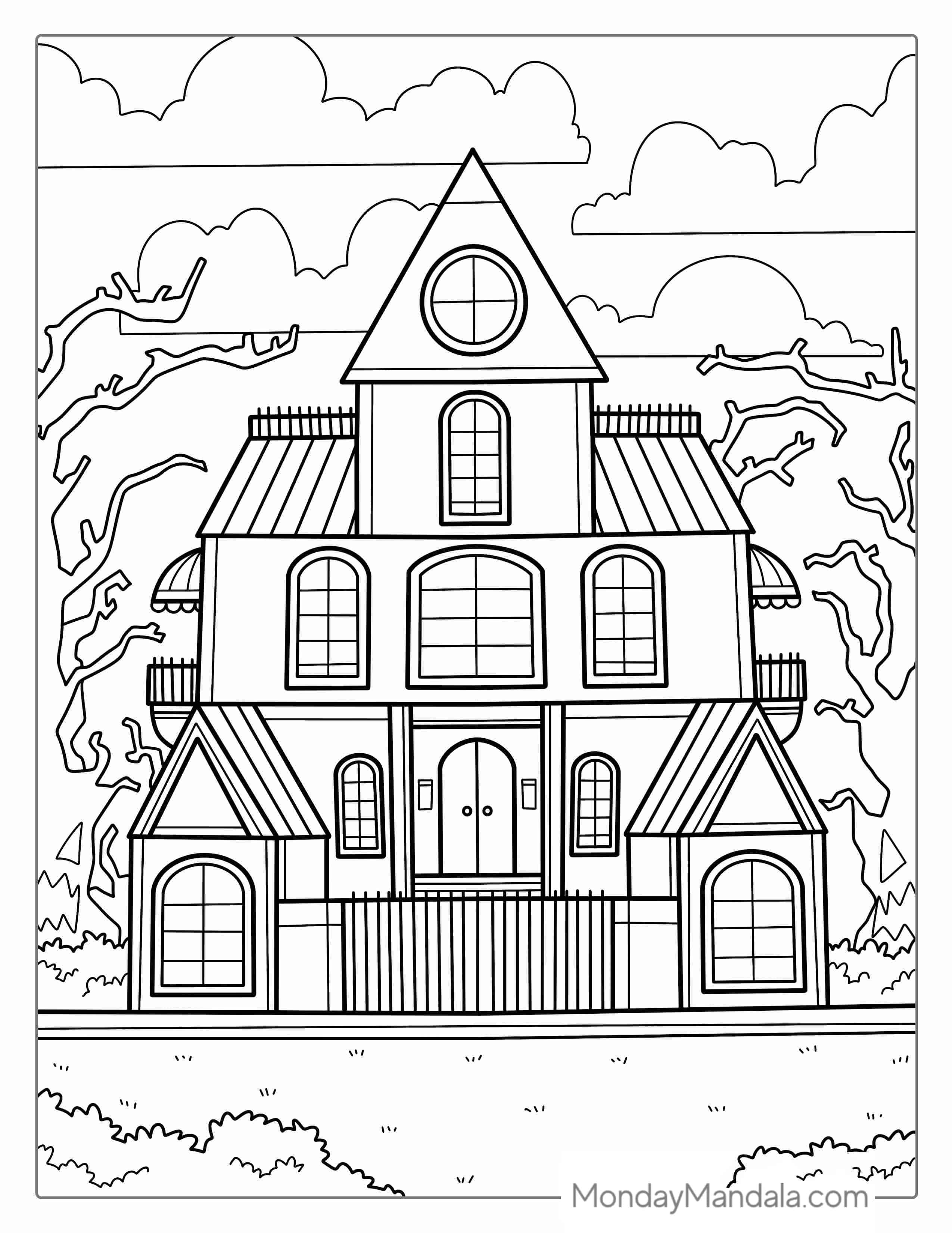 Creepy Looking Haunted House With Large Trees coloring page