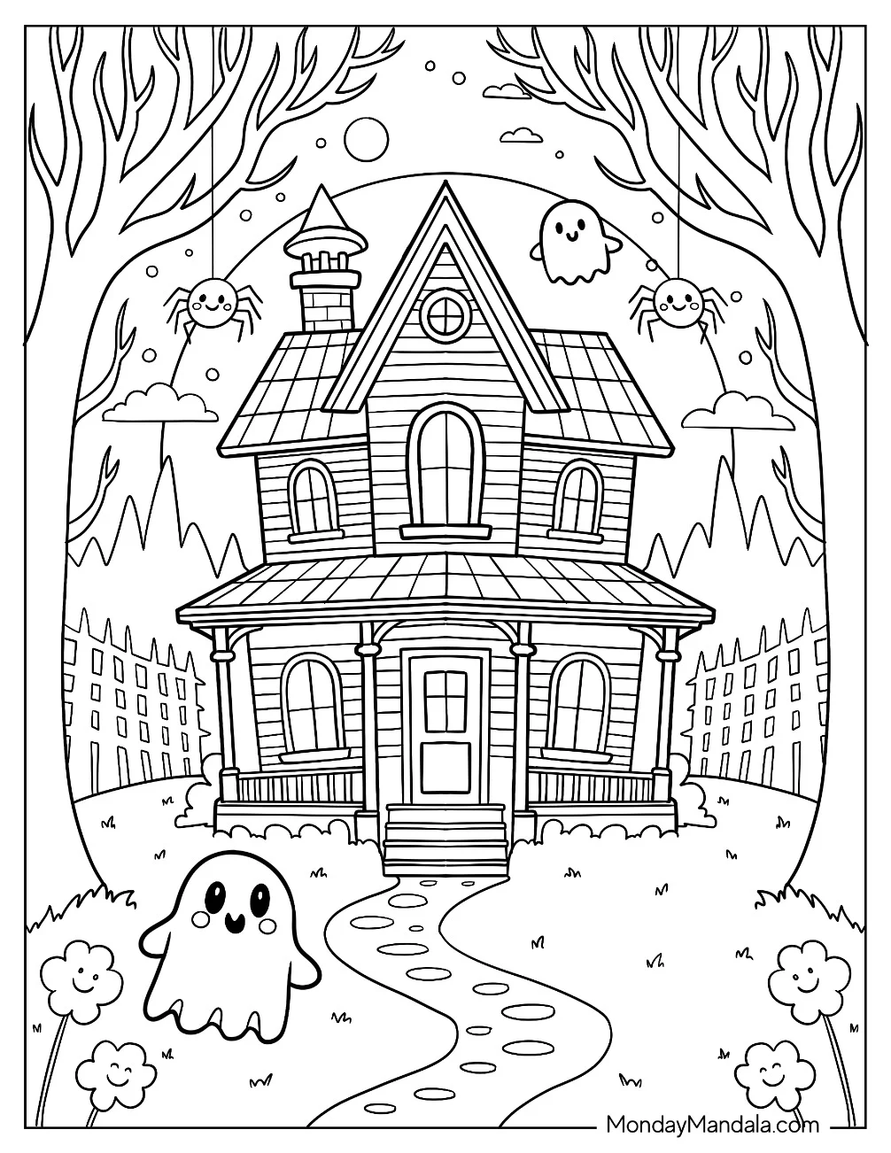 Cute Haunted House Coloring Page with Smiling Ghosts and Hanging Spiders for Kids coloring page