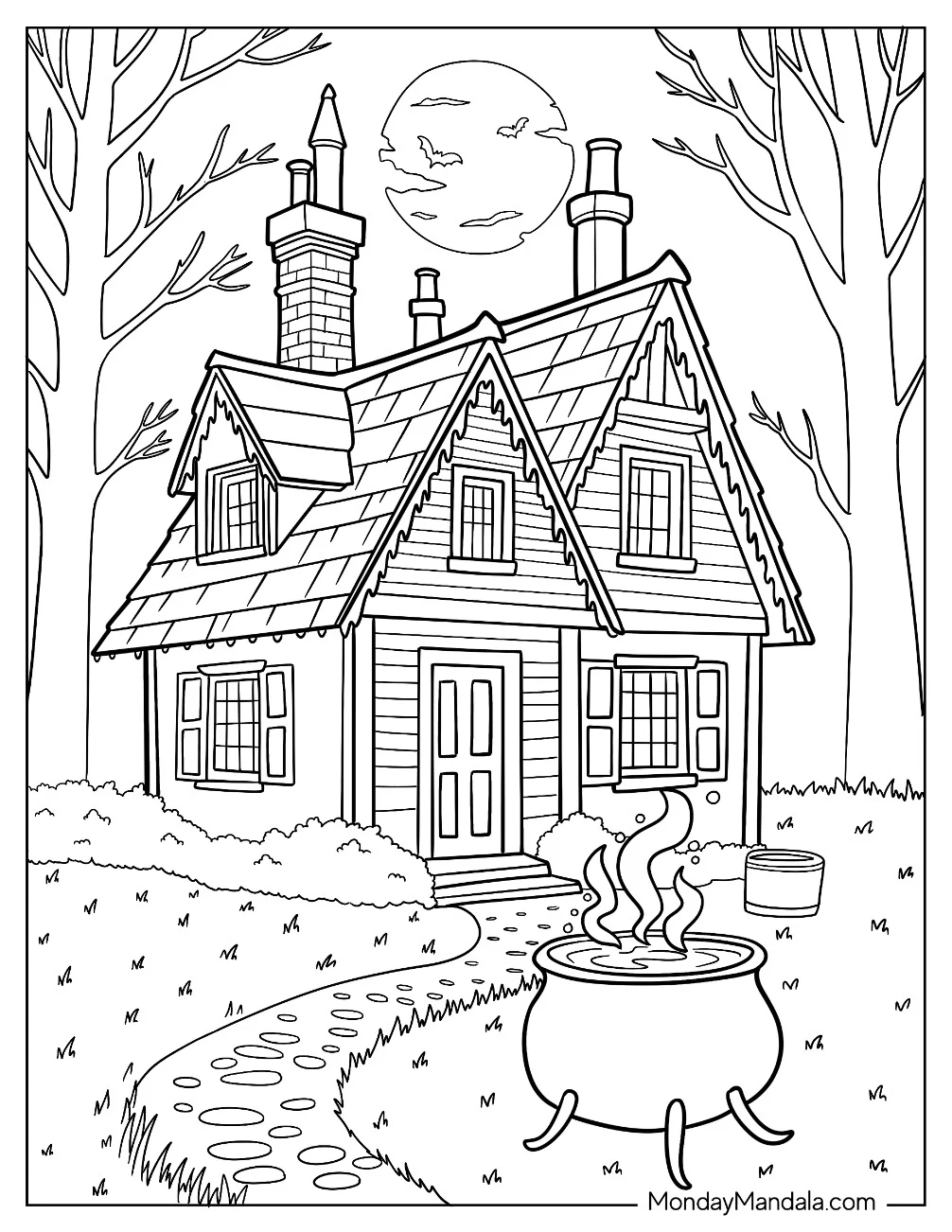 Detailed Haunted House Coloring Page With Cauldron And Bats on a Full Moon coloring page