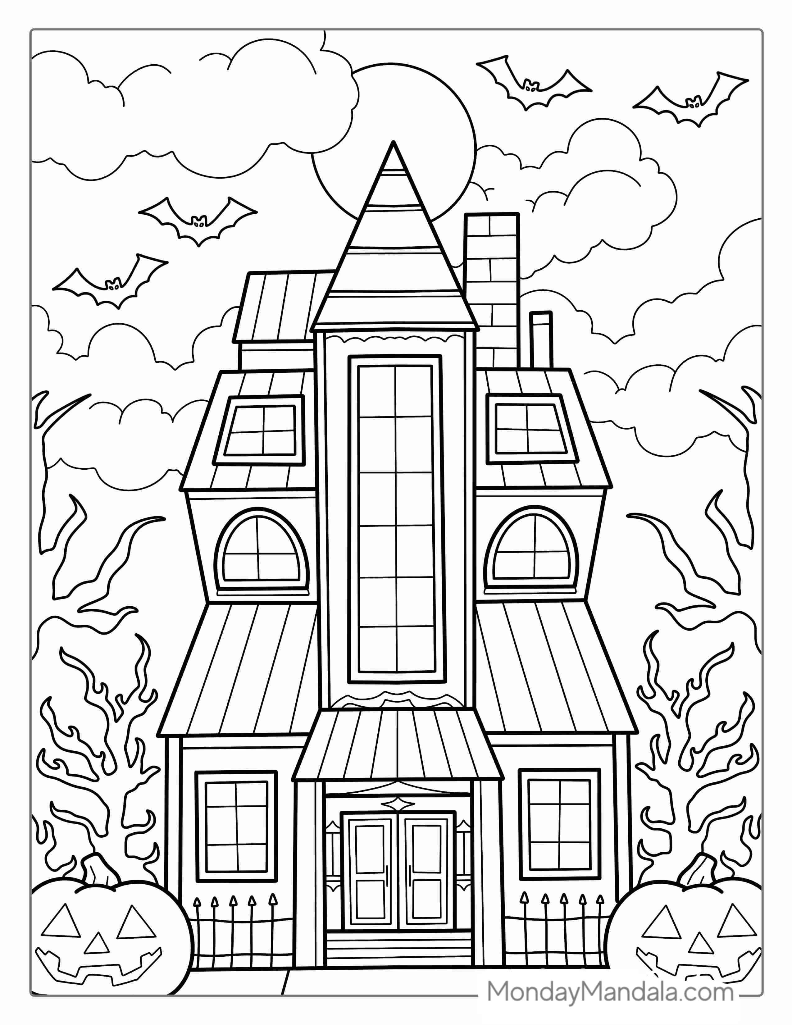 Eerie Haunted House With Pumpkins And Bats Under The Moonlight coloring page