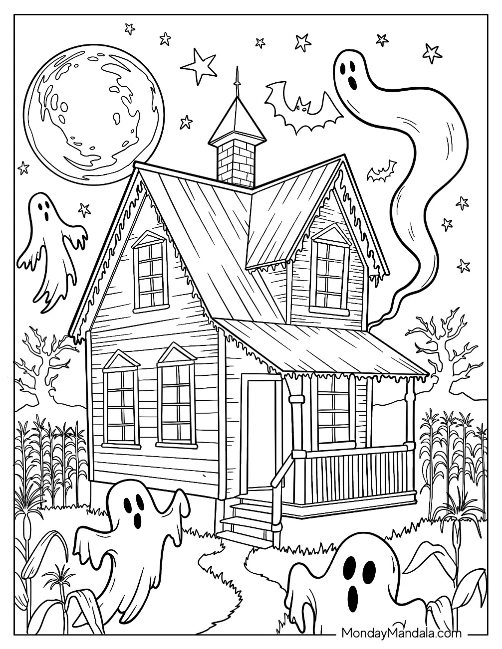 Haunted House Coloring Page in a Cornfield with Ghosts, Full Moon, and Starry Sky coloring page — printable line art