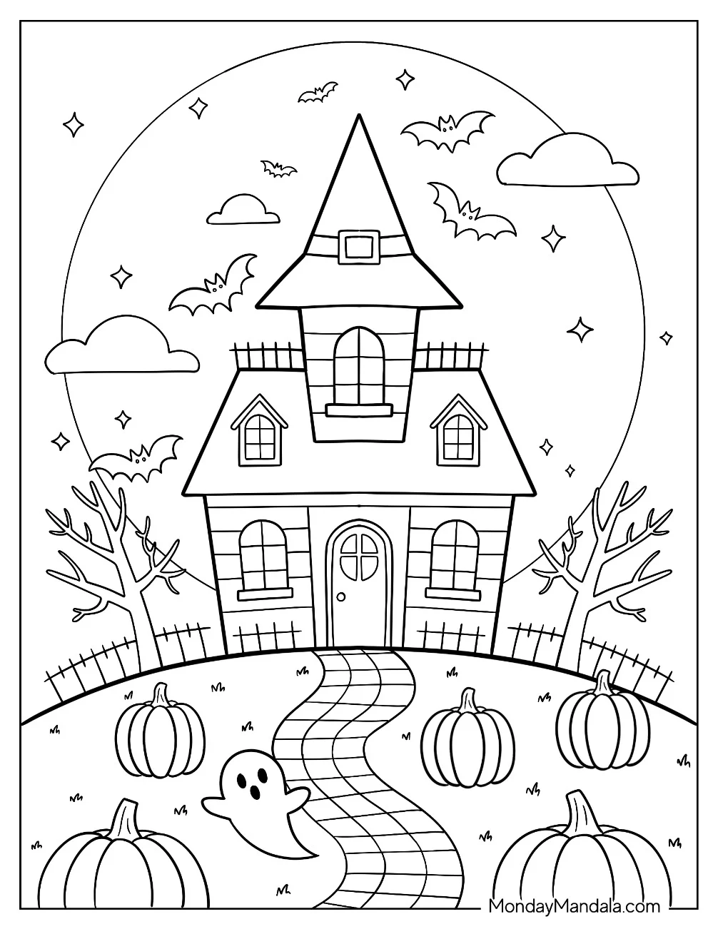 Haunted House Coloring Page on a Hill with Pumpkins, Bats, and a Friendly Ghost for Preschoolers coloring page — printable line art