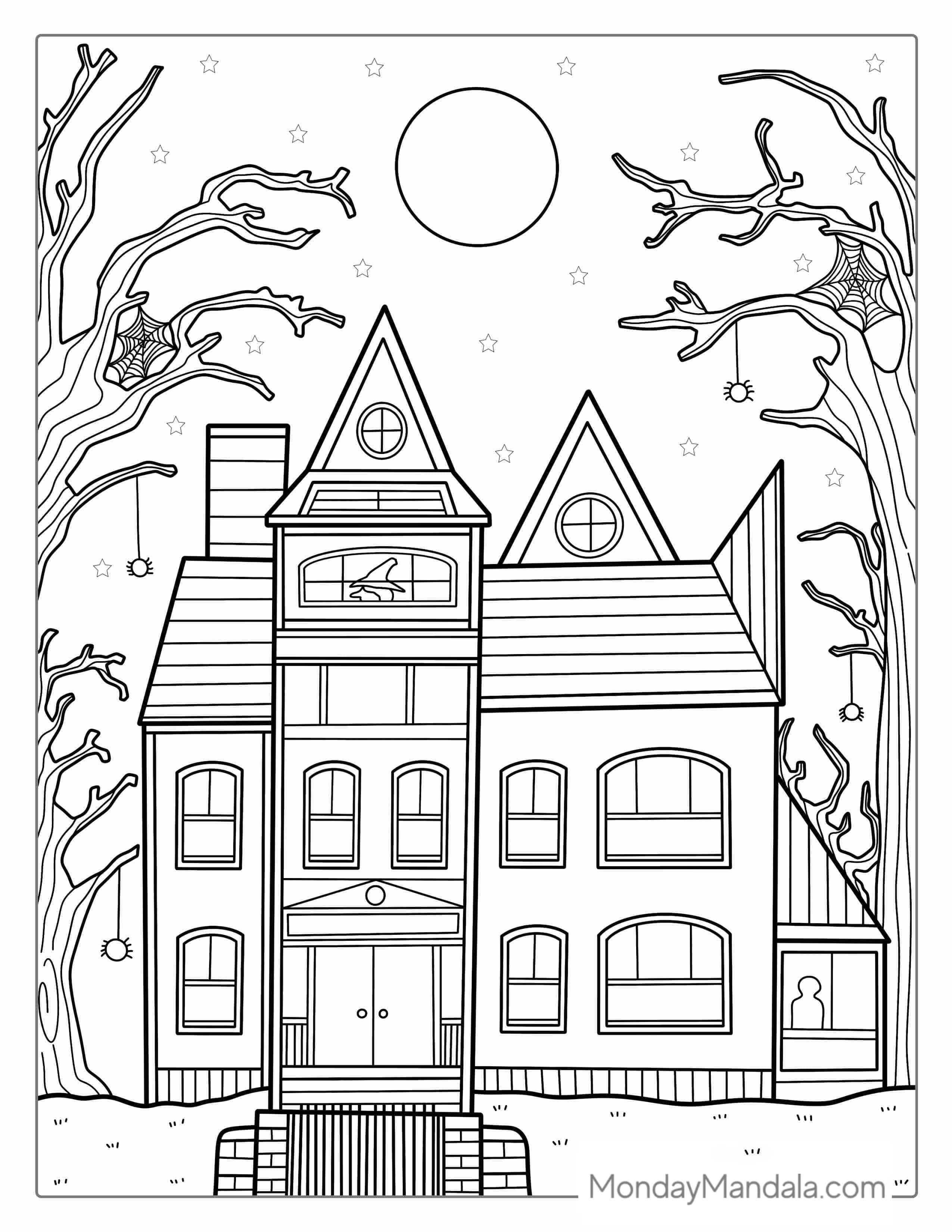 Haunted House With Spider Webs And Full Moon coloring page