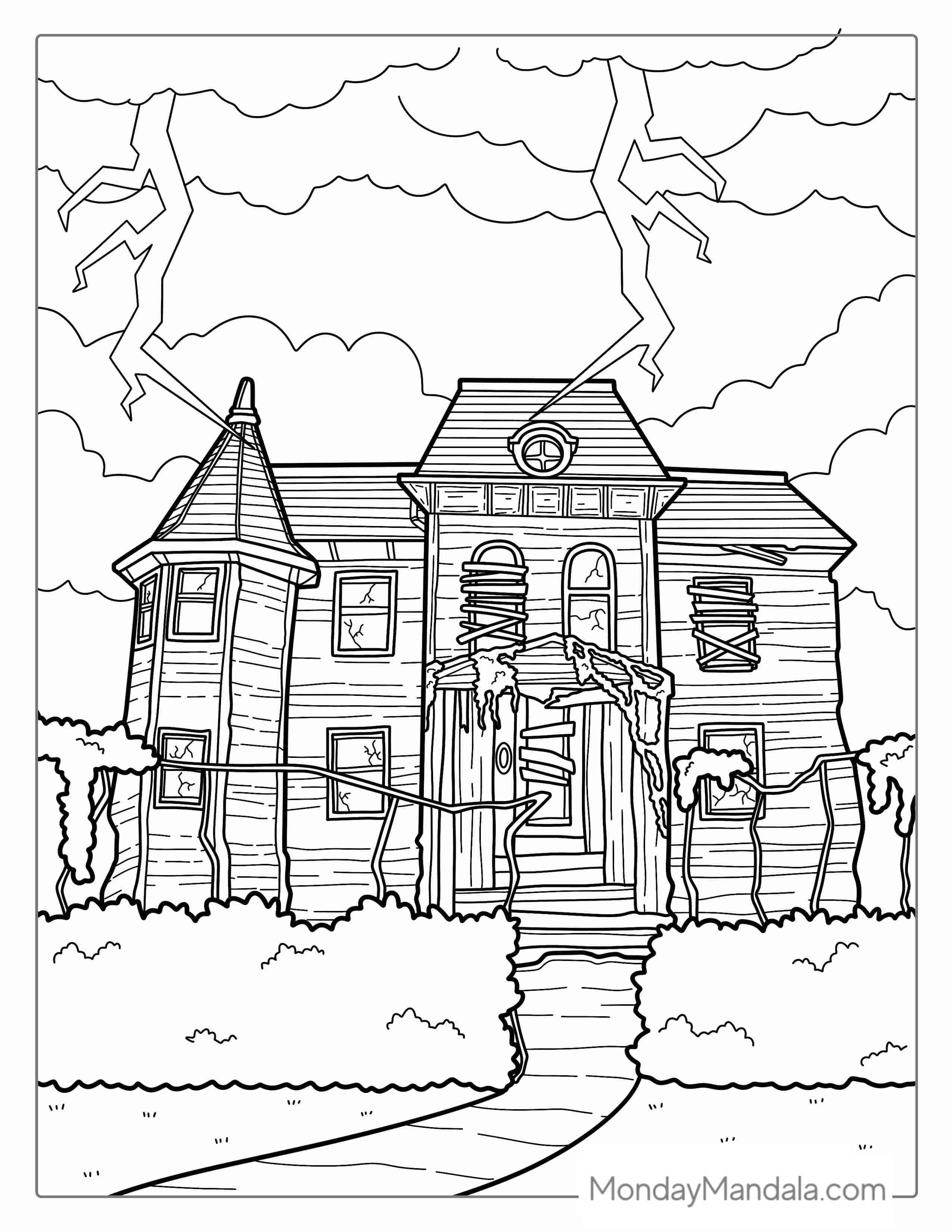 Intricate Coloring Page Of a Decrepit Haunted House coloring page