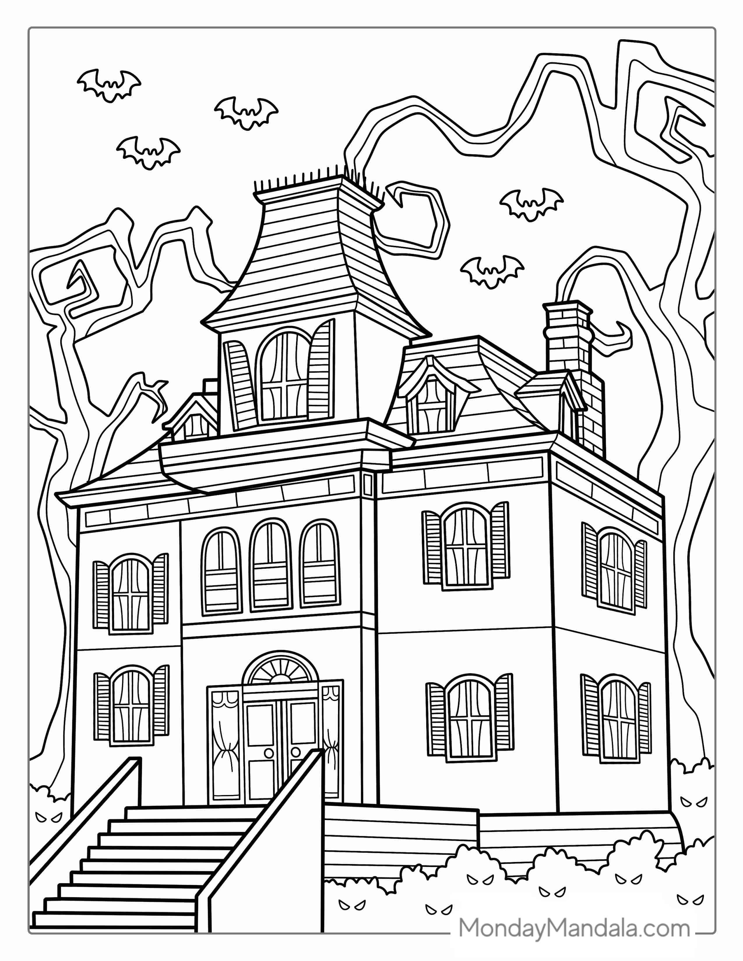 Large Haunted Mansion During Halloween To Color coloring page