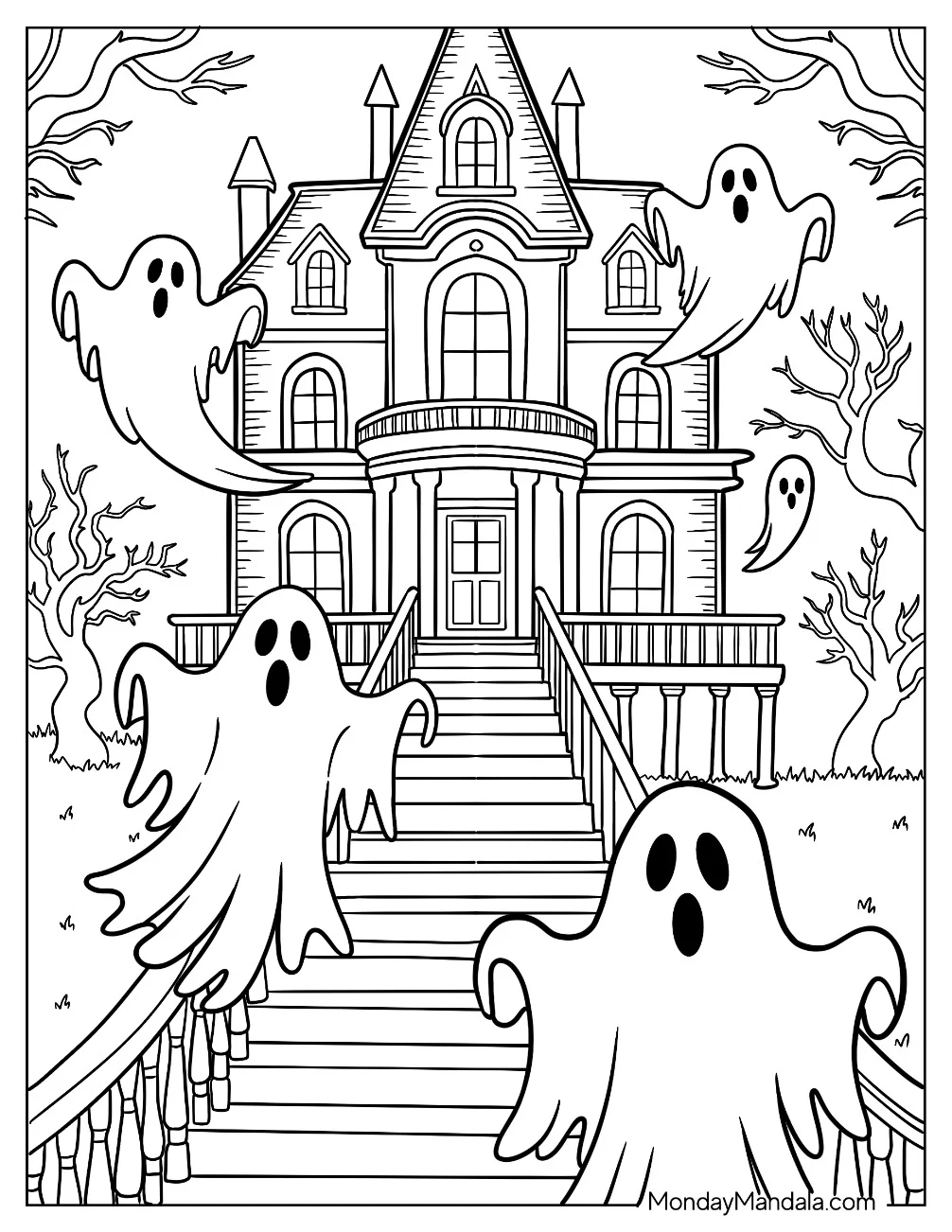 Massive Haunted House Coloring Page With Cute Ghosts and Spooky Forest coloring page